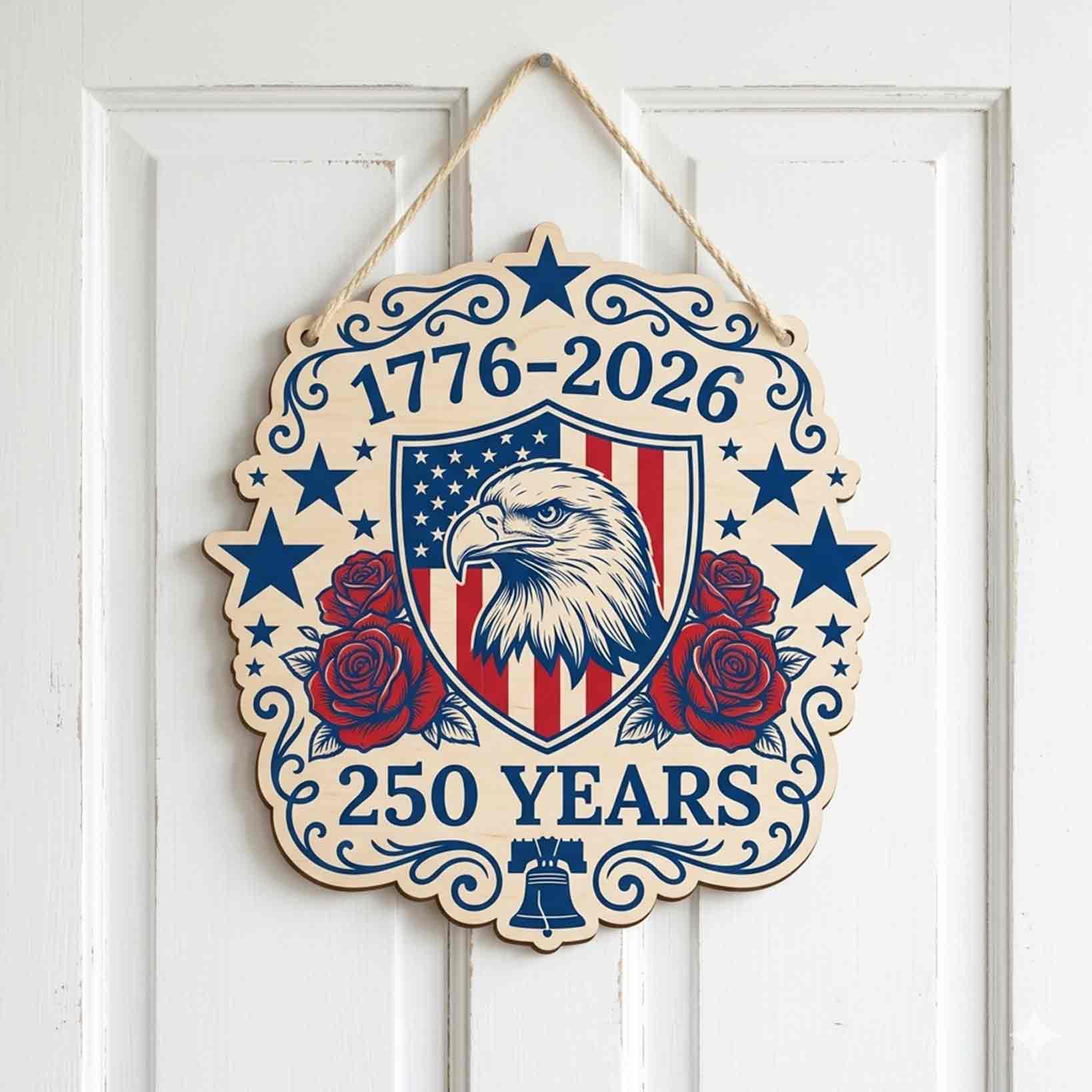 America 250 Years Freedom Celebration Wooden Sign With Bald Eagle
