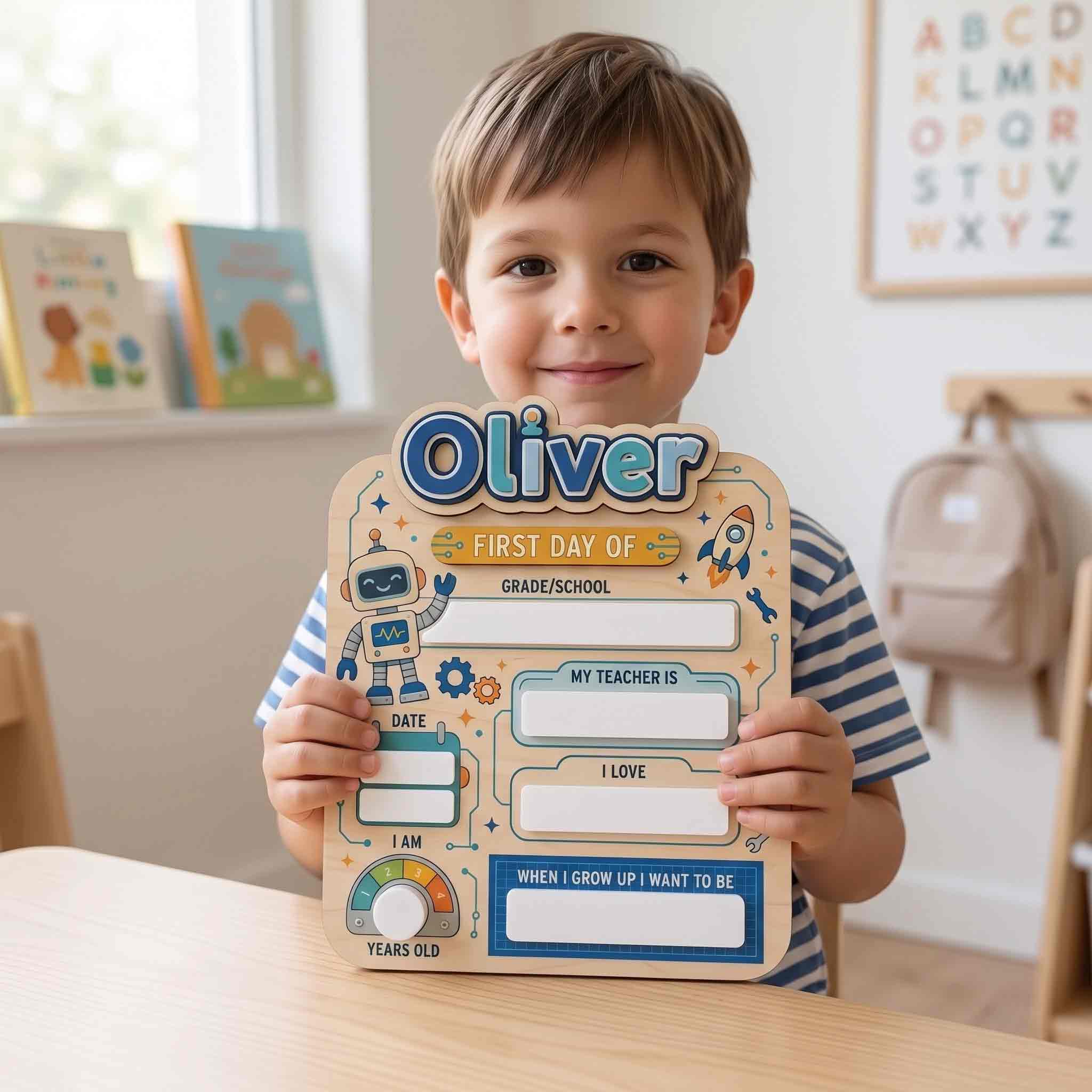 Personalized Robot Rocket Theme First & Last Day School Sign, Reusable Dry Erase Board, Back to School Sign