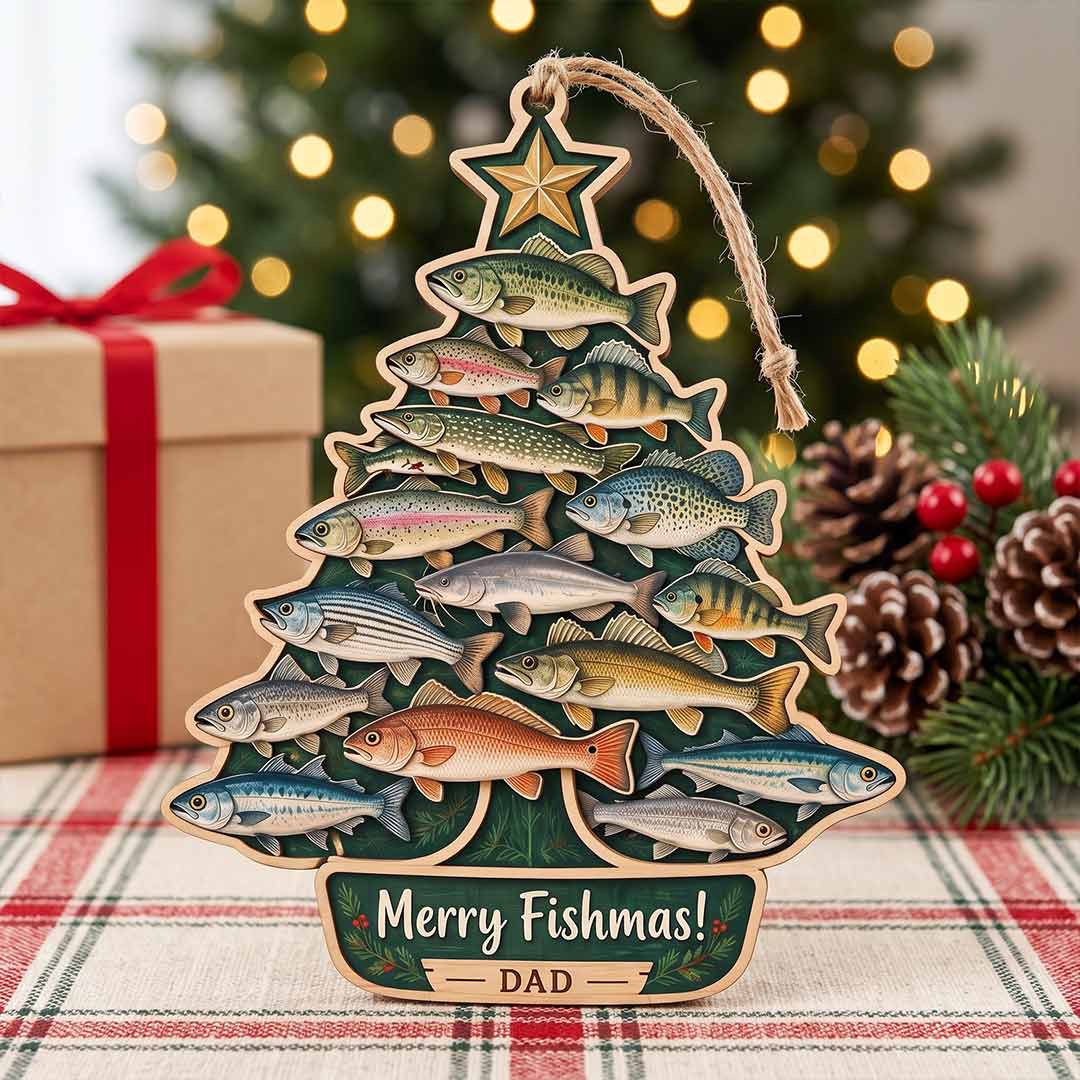 Merry Fishmas Fishing Tree Holiday Keepsake Personalized Custom Name Fishing 1-Layer Wooden Christmas Ornament for Fishing Lovers