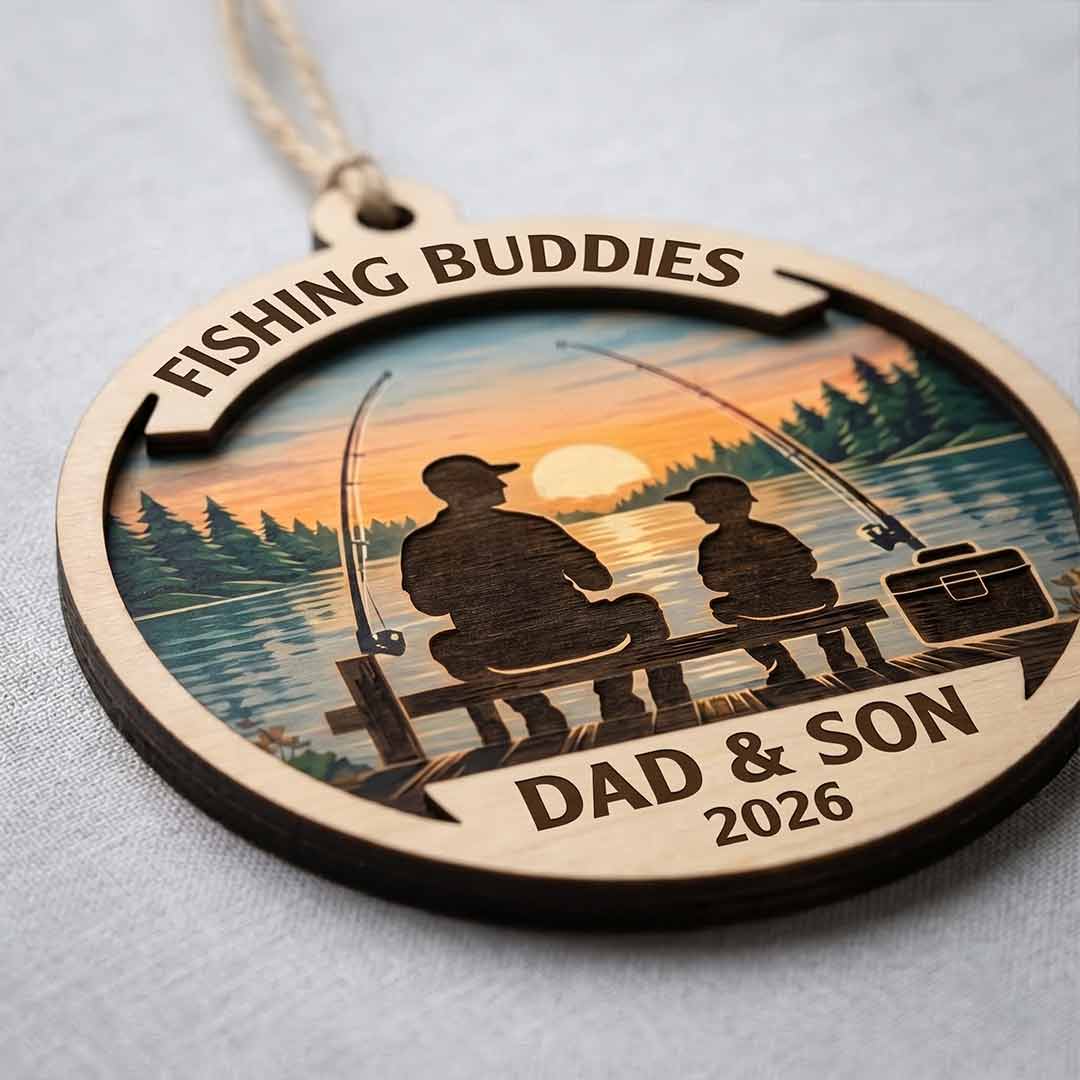 Fishing Buddies Dad and Son Custom Name Date Fishing 2-Layer Wooden Ornament