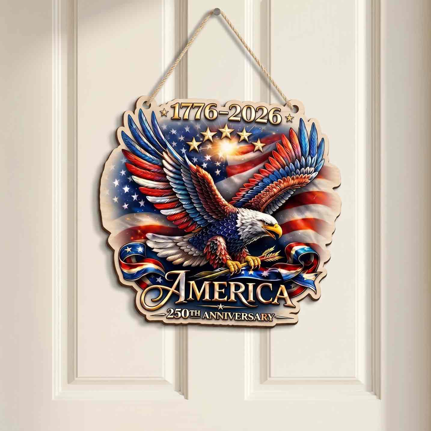 America 250th Anniversary Eagle Wooden Hanging Sign Patriotic Home Decor