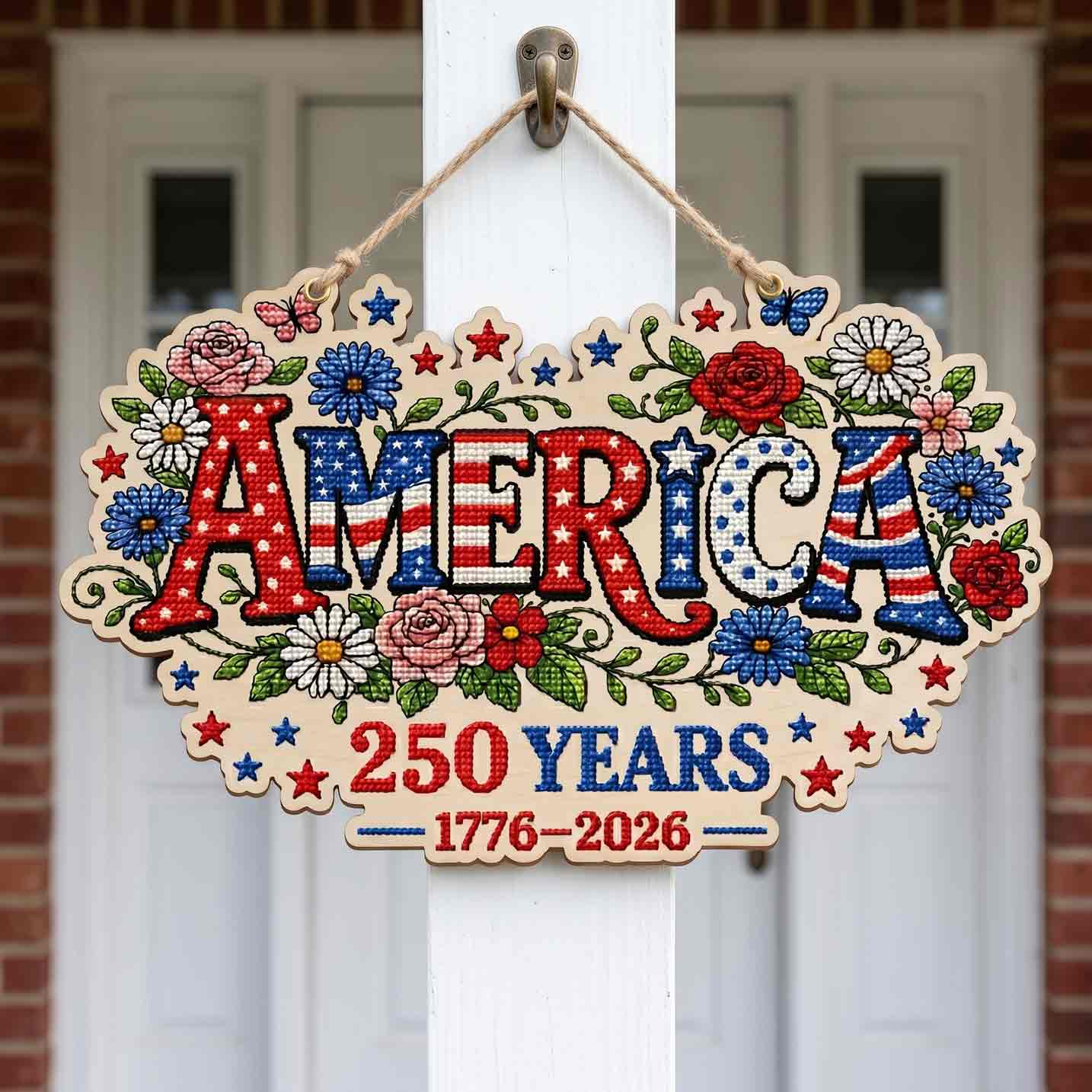 America 250 Years Patriotic Cross Stitch 1776-2026 Wooden Sign