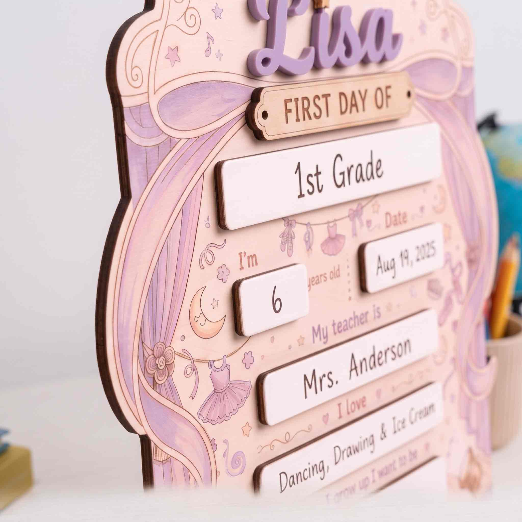 Personalized Princess Bow First Day School Board, Reusable Dry Erase Board, Back to School Sign