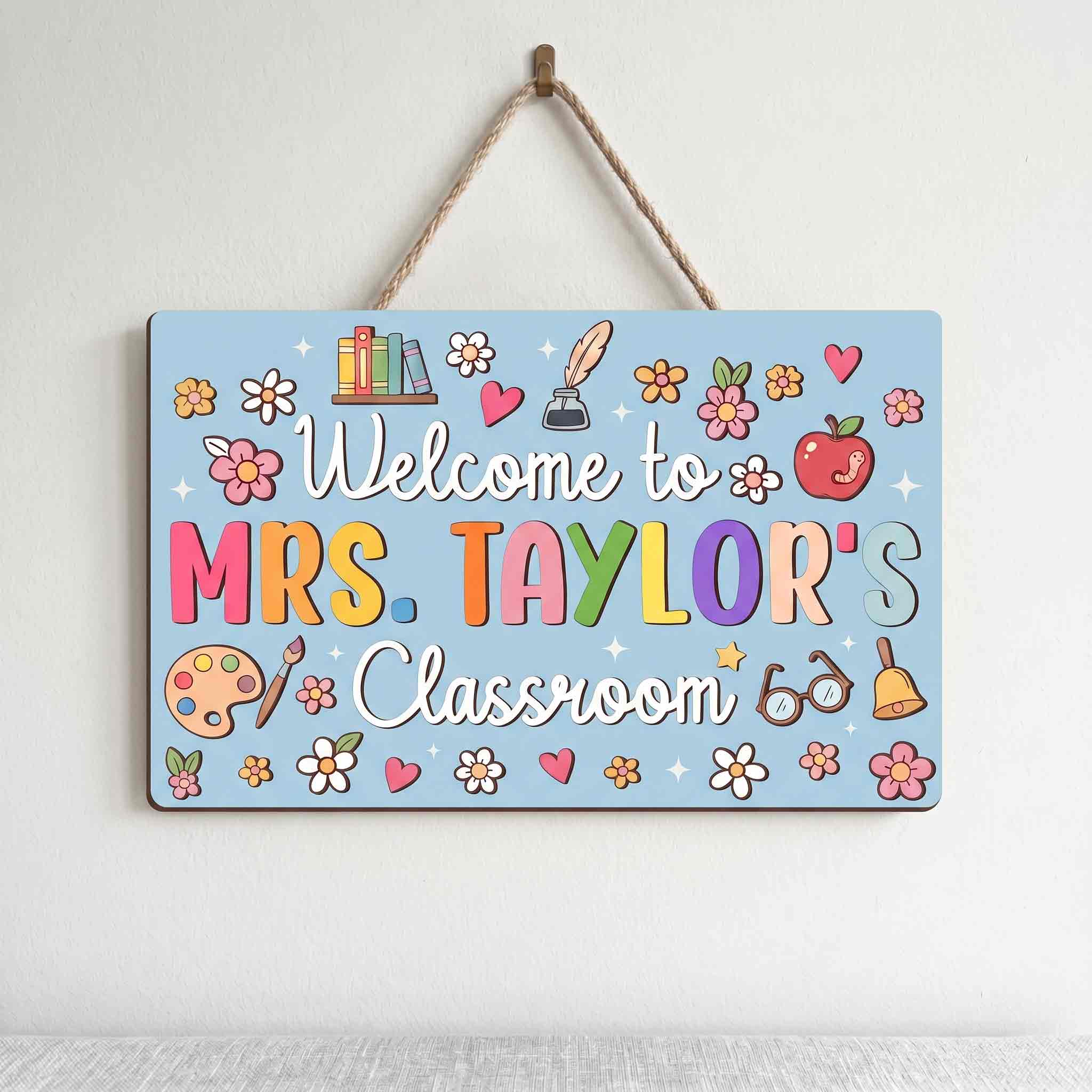 Personalized Pastel Blue Teacher Classroom Welcome Wooden Sign, Custom Teacher Name Door Hanger, Colorful School Supplies Classroom Decor