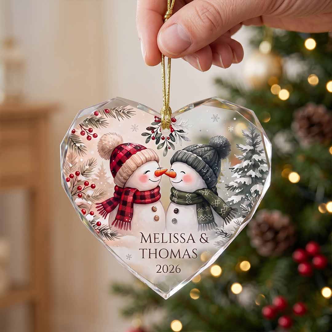Snowman Couple First Christmas Personalized Couple Custom Name Date Christmas Gift Heart Glass Christmas Ornament
