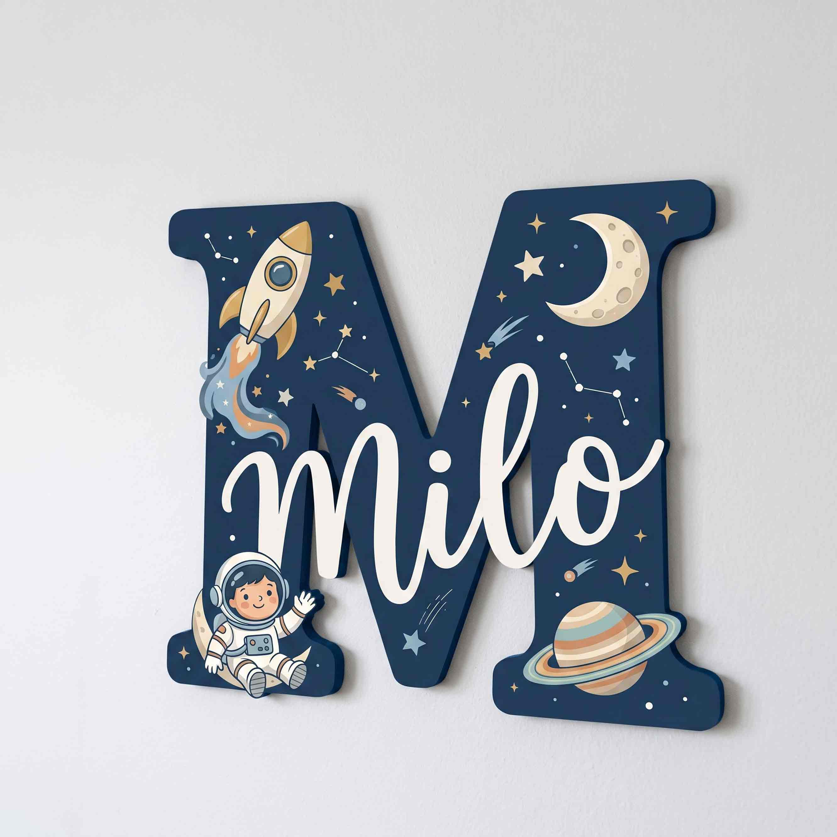 Personalized Outer Space Theme Nursery Name Sign Wooden Baby Room Decor