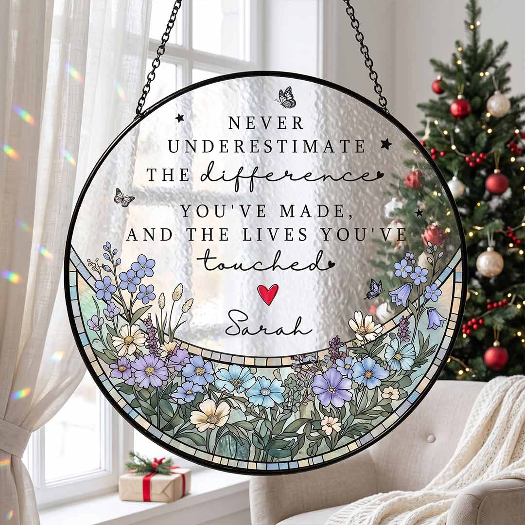 Never Underestimate The Difference You Made Appreciation Personalized Custom Name Keepsake Stained Glass Suncatcher Ornament for Retirement Gift