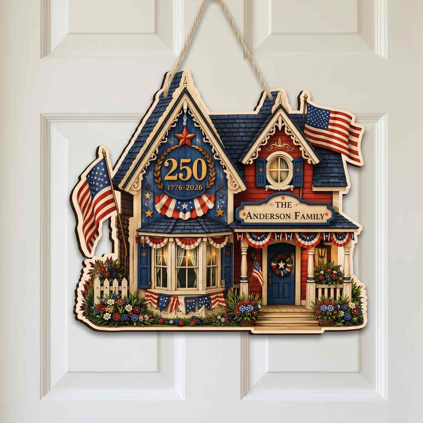 Personalized America 250 Family House Wooden Hanging Sign