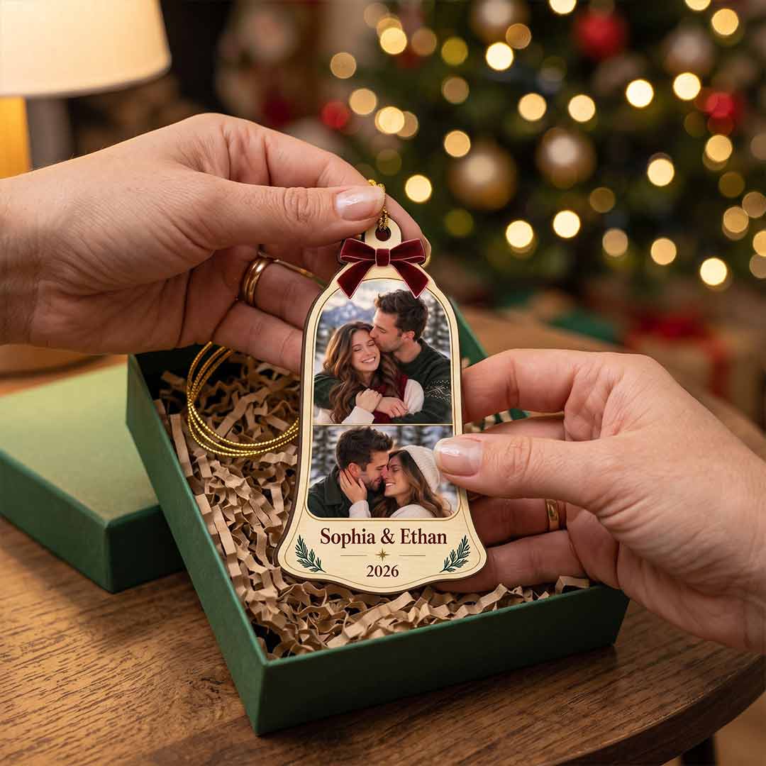 Christmas Bell with Bow Couple 2026 Holiday Keepsake Personalized Custom Name Date Photo Couple 1-Layer Wooden Christmas Ornament for Couples Gift