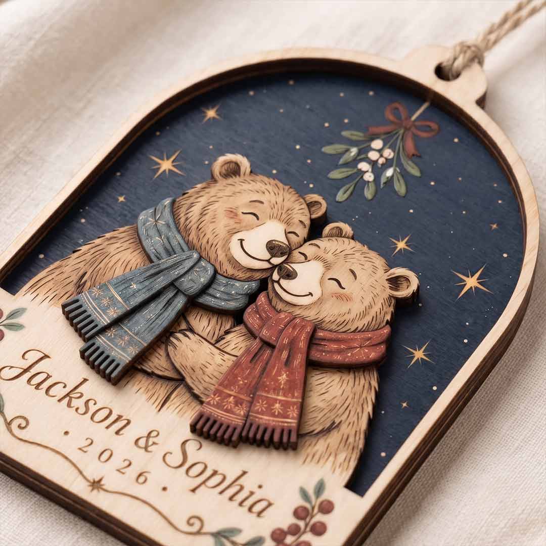Christmas Bear Couple Personalized Custom Name Date Couple 2-Layer Wooden Christmas Ornament for Couples Christmas Gift