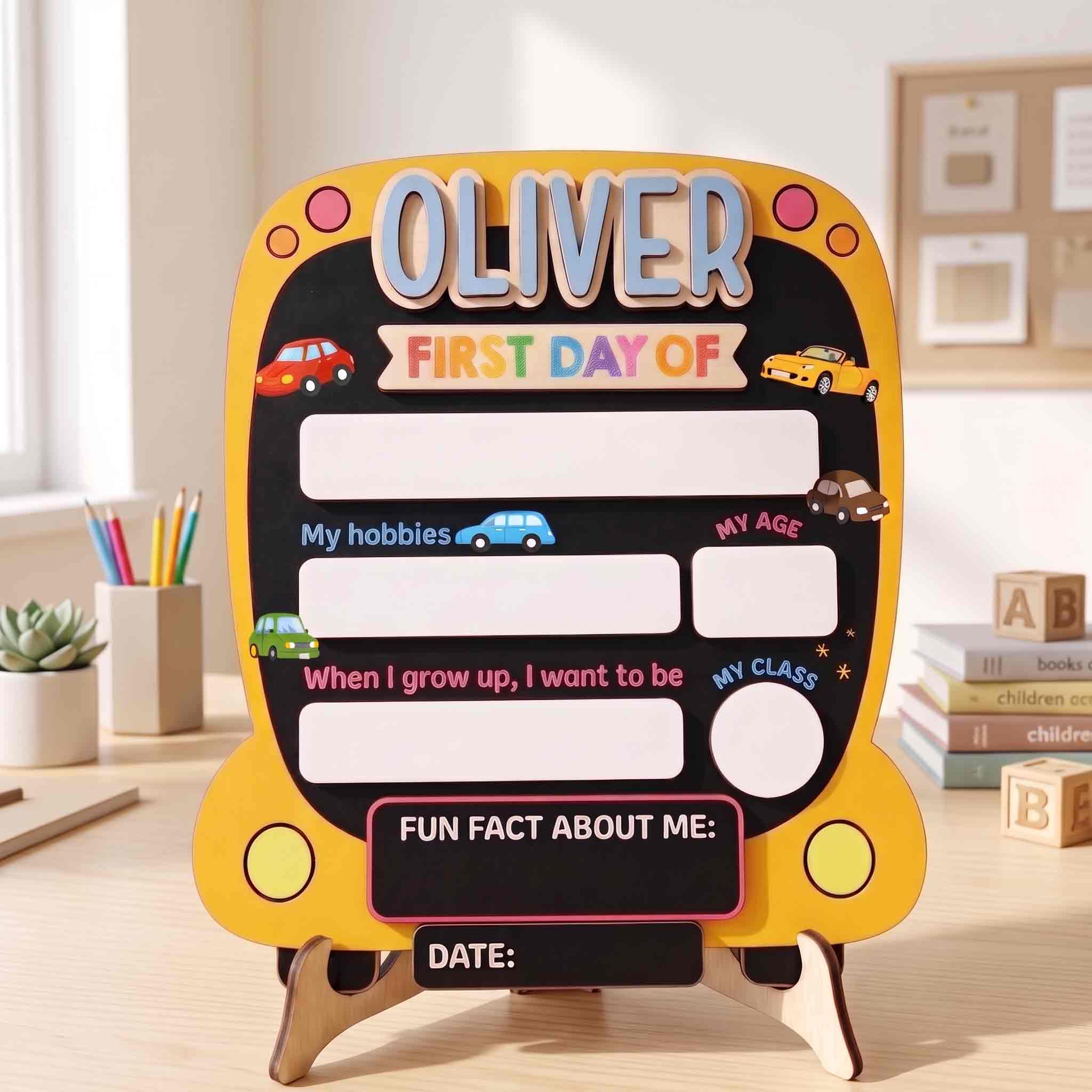 Personalized Car First Day School Board, Reusable Dry Erase Board, Back to School Sign