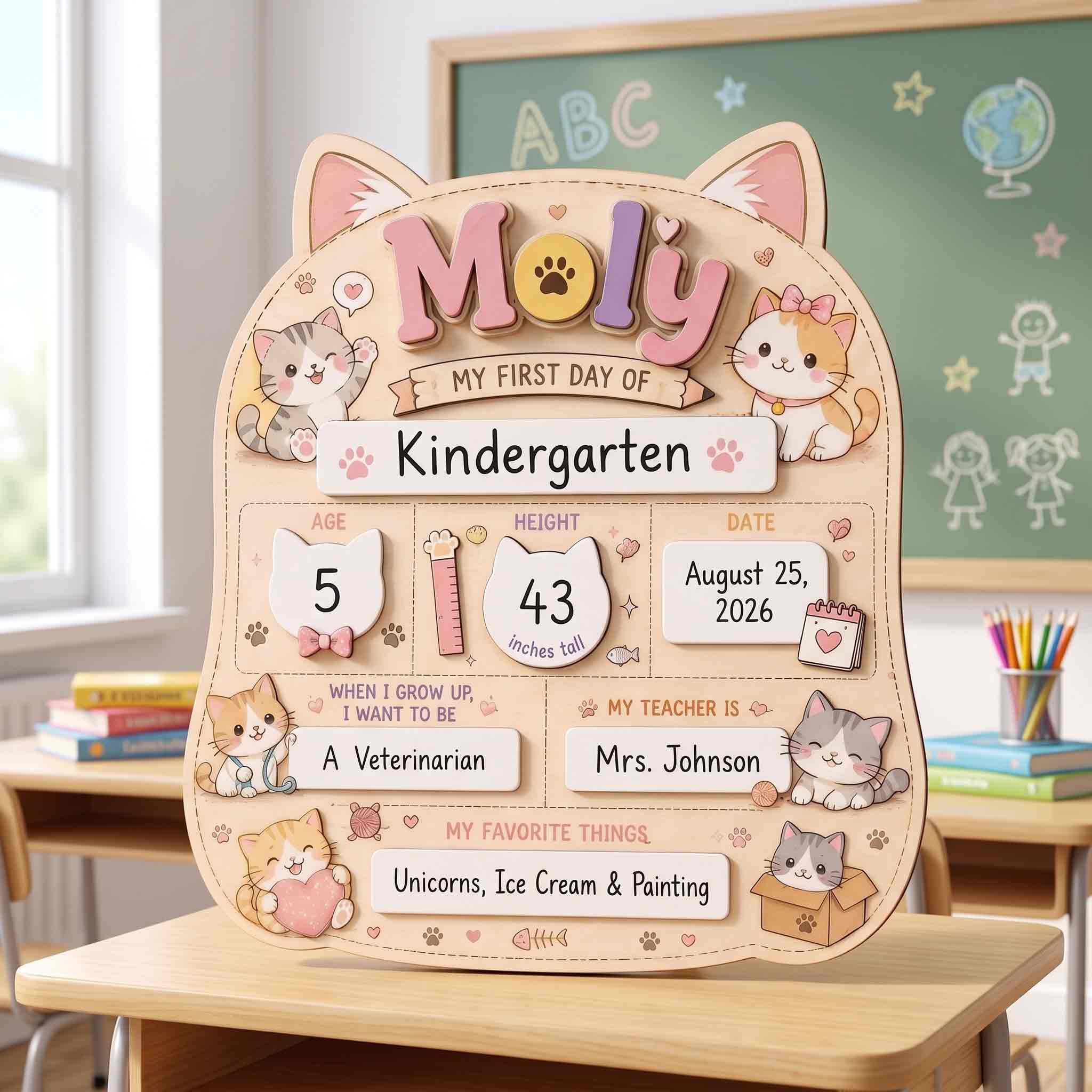 Personalized Cat Lover First & Last Day School Board, Reusable Dry Erase Board, Back to School Sign