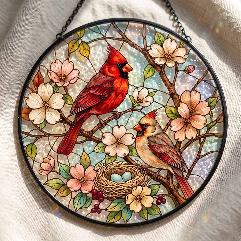 Cardinal Couple Nest Floral Bird Lover Gift Nature Window Decor Couple Stained Glass Suncatcher Christmas Ornament