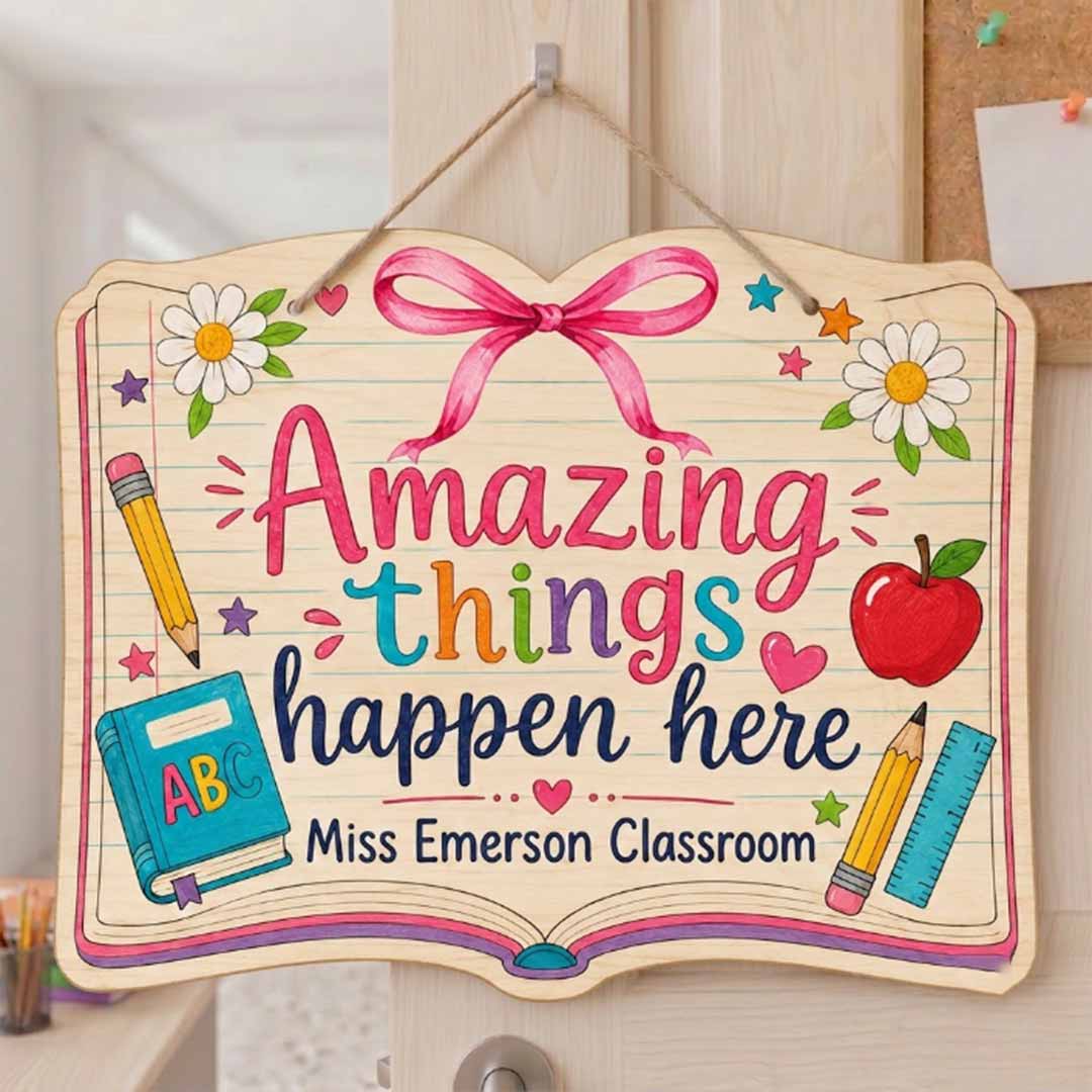 Personalized Teacher Name Wooden Sign Door Hanger Amazing Things Happen Here Wooden Classroom Decor, Back to School Sign
