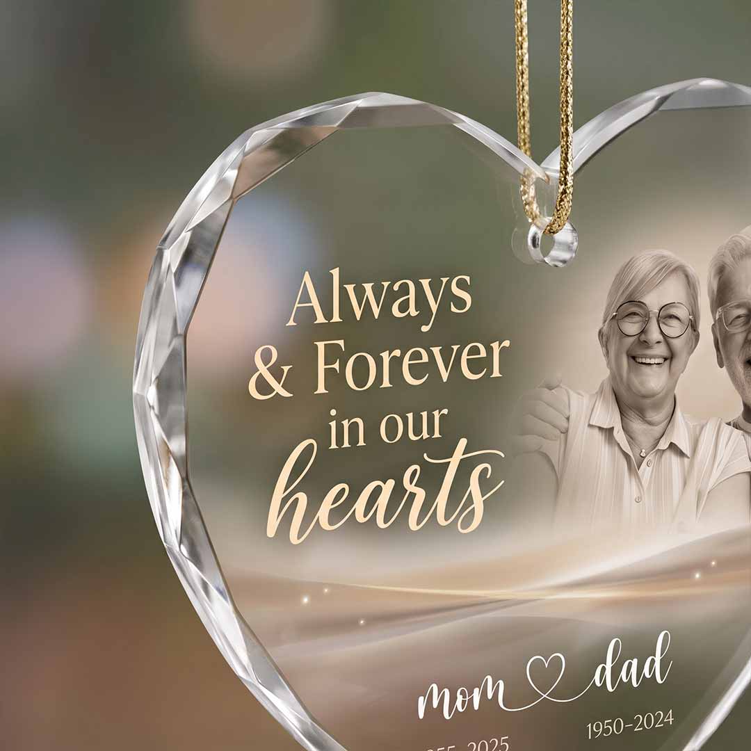 Always And Forever In Our Hearts Mom And Dad Personalized Memorial Custom Name Date Photo Parents Sympathy Gift Heart Glass Christmas Ornament