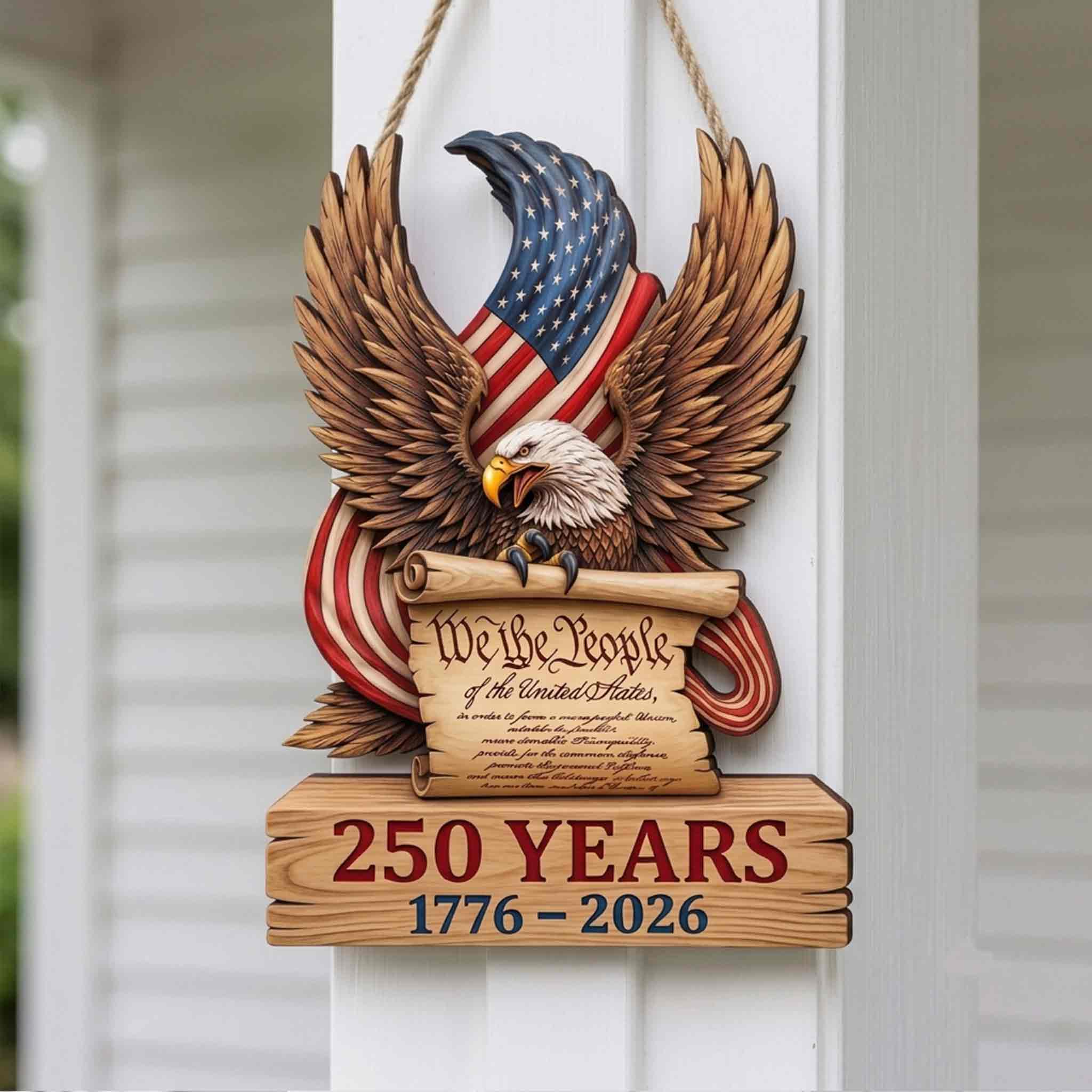 America 250 Wooden Sign Featuring We The People and Bald Eagle Design