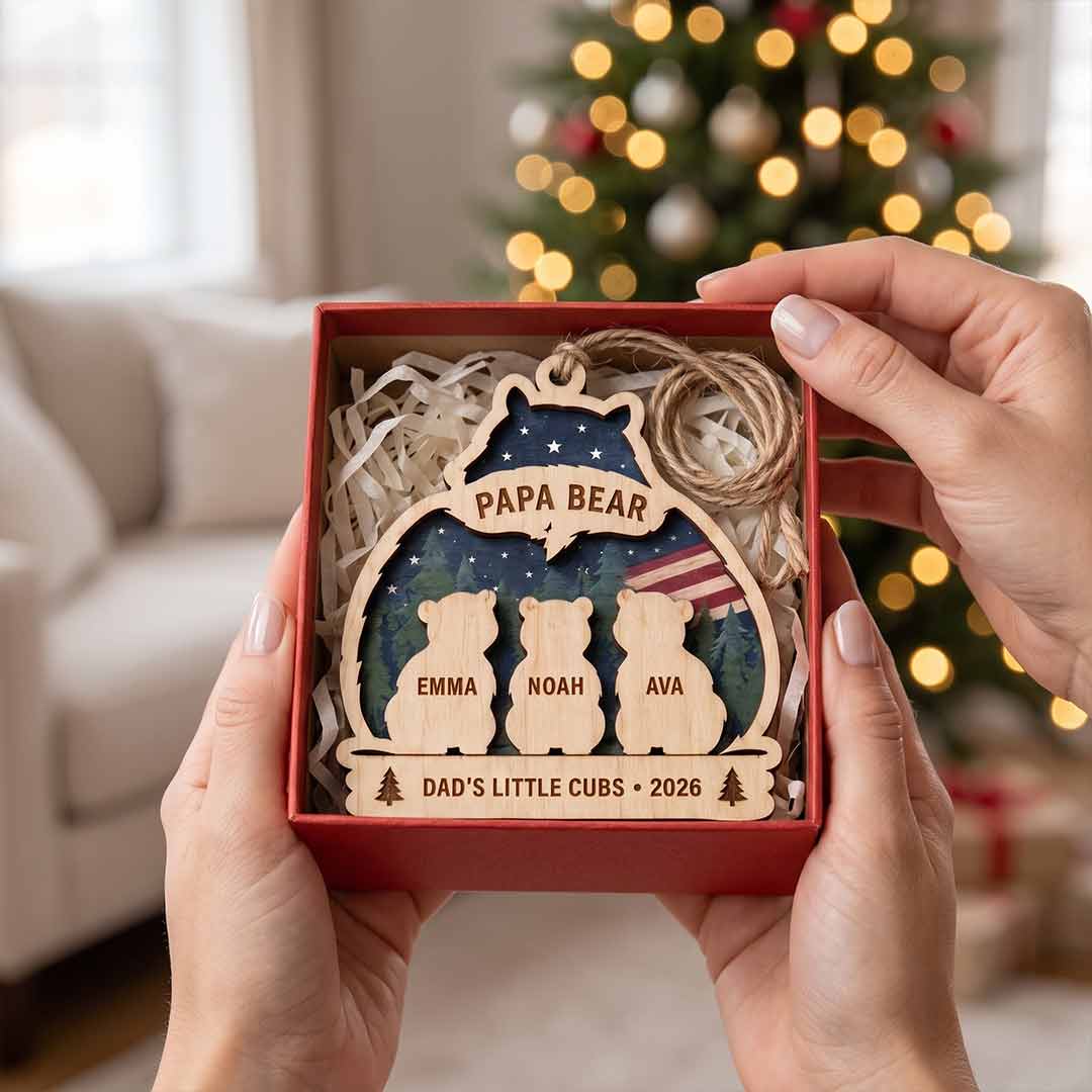 Papa Bear Little Cubs Personalized Custom Name Family 2-Layer Wooden Christmas Ornament Father and Kids Christmas Gift