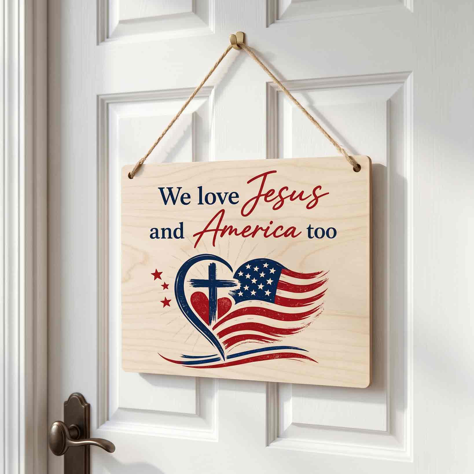 We Love Jesus And America Too Wooden Hanging Sign Christian Patriotic Decor