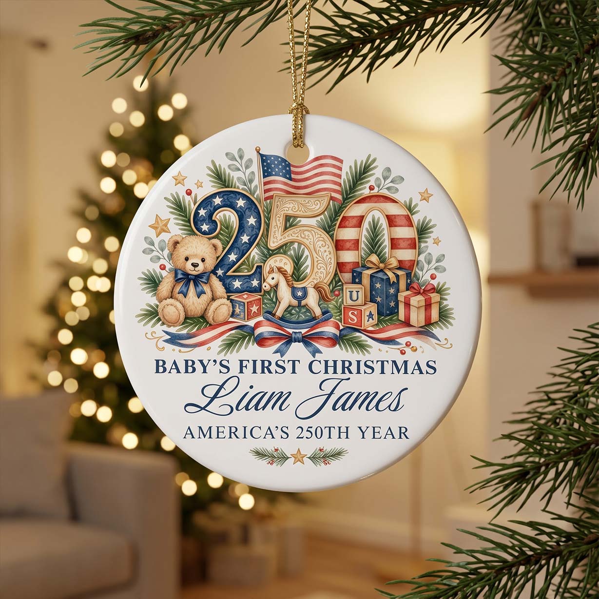 Baby's First Christmas America's 250th Year Custom Name Baby's First Christmas Round Ceramic Christmas Ornament Patriotic Baby Keepsake