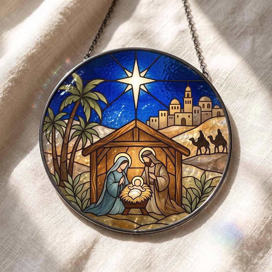 Holy Family Nativity Scene Bethlehem Star Nativity Stained Glass Suncatcher Christmas Ornament