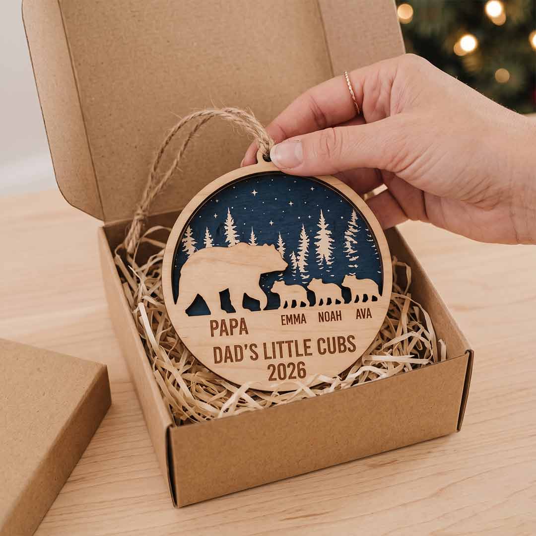 Dad's Little Cubs Bear Personalized Custom Name Date Family 2-Layer Wooden Christmas Ornament Father and Kids Christmas Gift