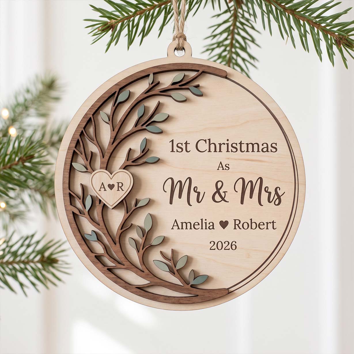 First Christmas Mr and Mrs Love Tree Custom Names Date First Married Christmas Wooden Ornament