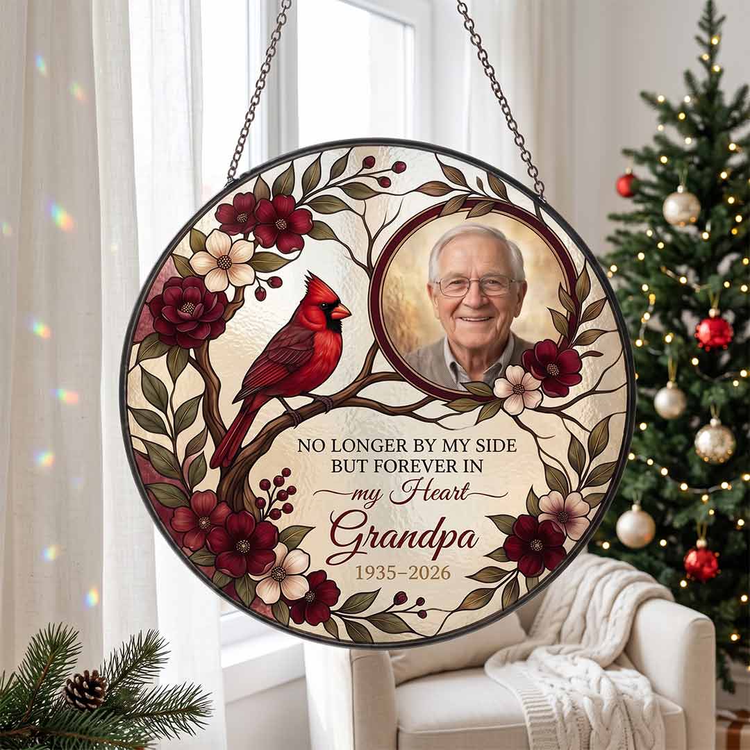 Grandpa Memorial Cardinal Personalized Custom Name Date Photo Loved One Memorial Keepsake Stained Glass Suncatcher Ornament for Loss of Grandpa