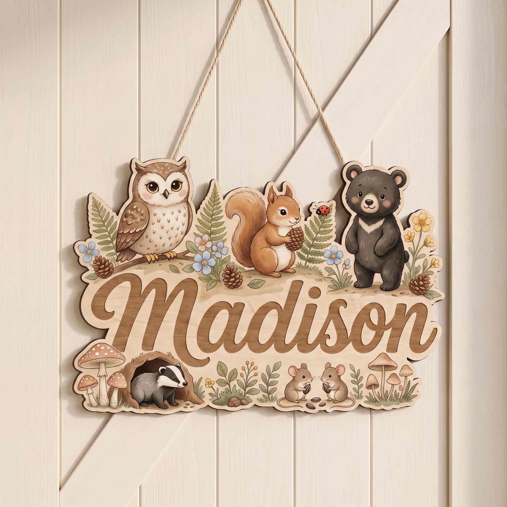Personalized Woodland Owl Bear Squirrel Nursery Wooden Sign