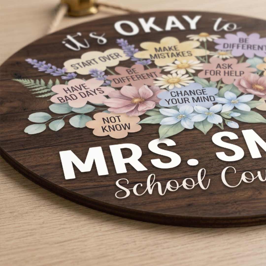 Personalized Teacher Name Wooden Sign Door Hanger Flowers School Counselor Sign Wooden Classroom Decor, Back to School Sign