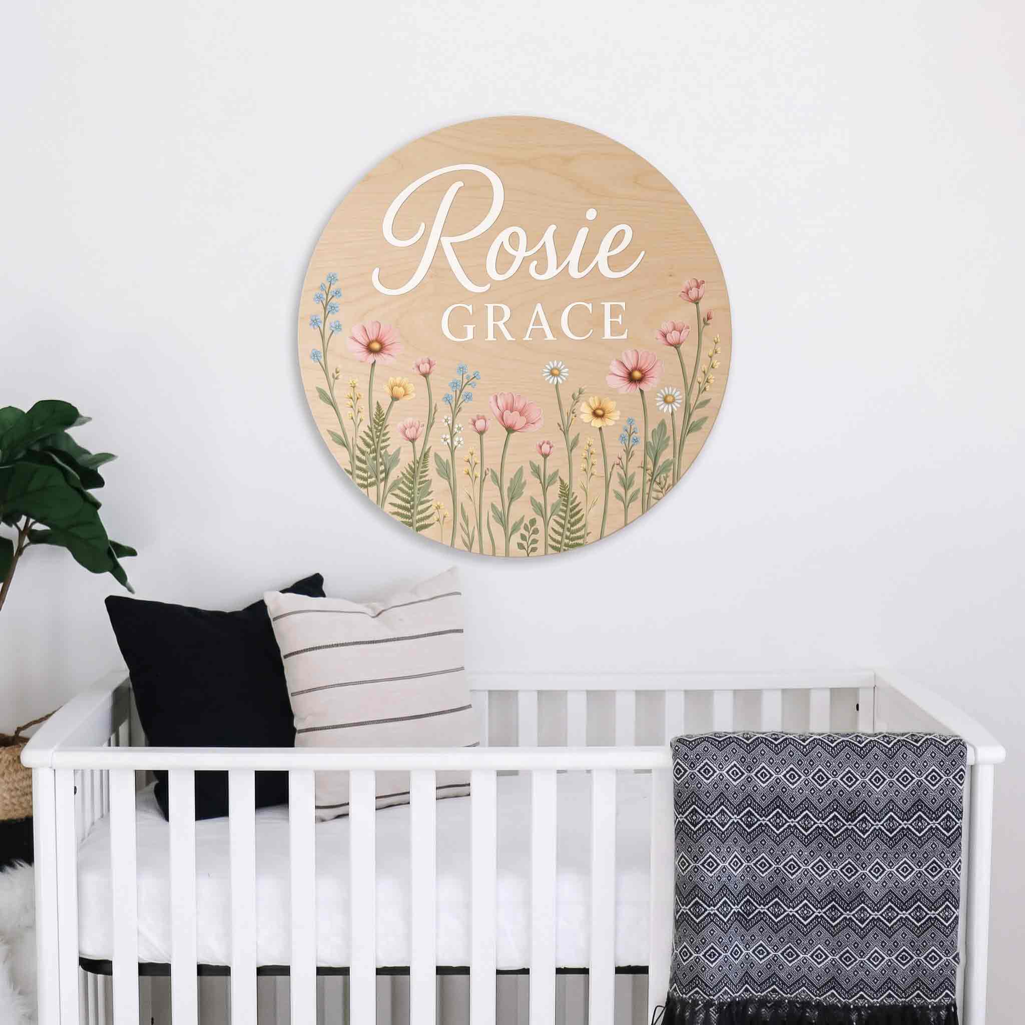 Personalized Wildflower Meadow Nursery Name Sign Wooden Baby Room Decor