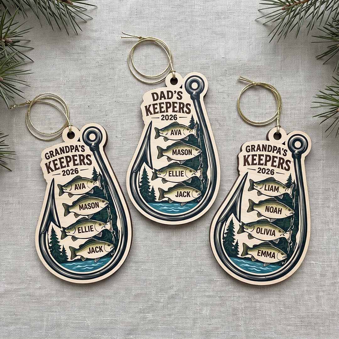 Grandpa's Keepers Fishing Fisherman Father Keepsake Personalized Custom Name Date Fishing 1-Layer Wooden Christmas Ornament for Dad Gift
