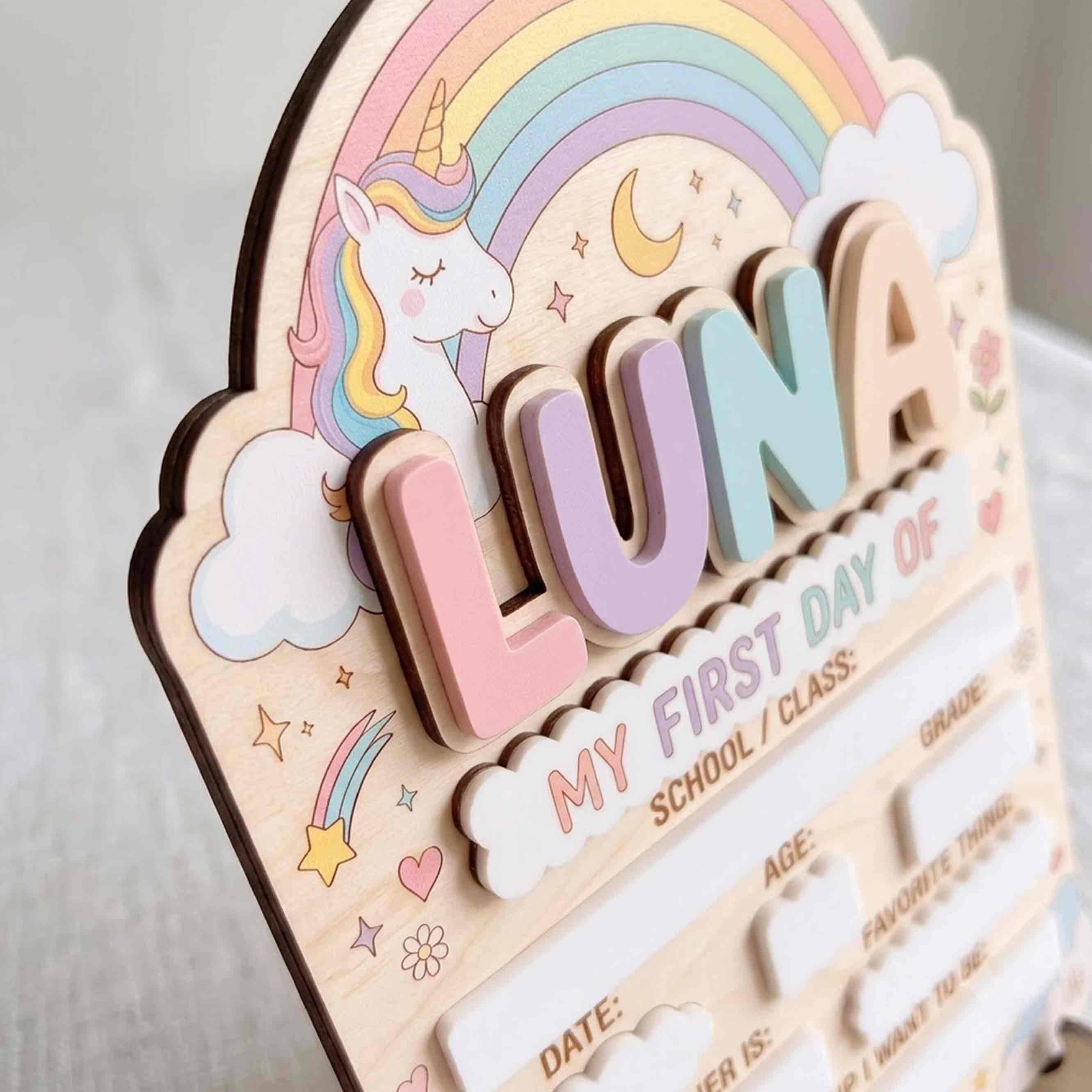 Personalized Unicorn Rainbow Theme First & Last Day School Sign, Reusable Dry Erase Board, Back to School Sign