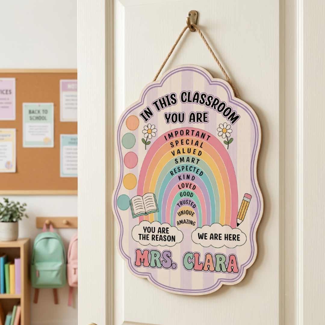Personalized Teacher Name Wooden Sign Door Hanger You Are Reason Rainbow Themes Wooden Classroom Decor, Back to School Sign