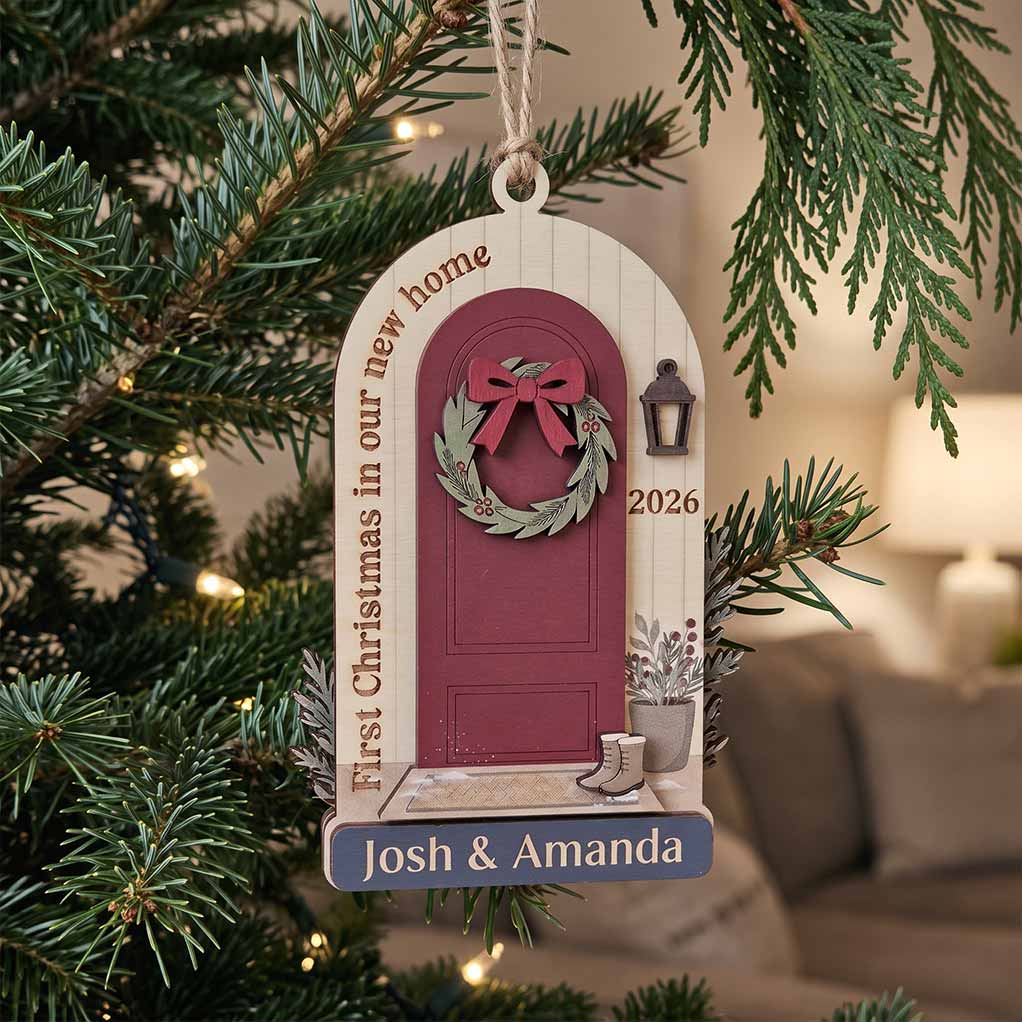First Christmas New Home Red Door Wreath Personalized New Home Custom Name Date Couple Gift Wooden Christma