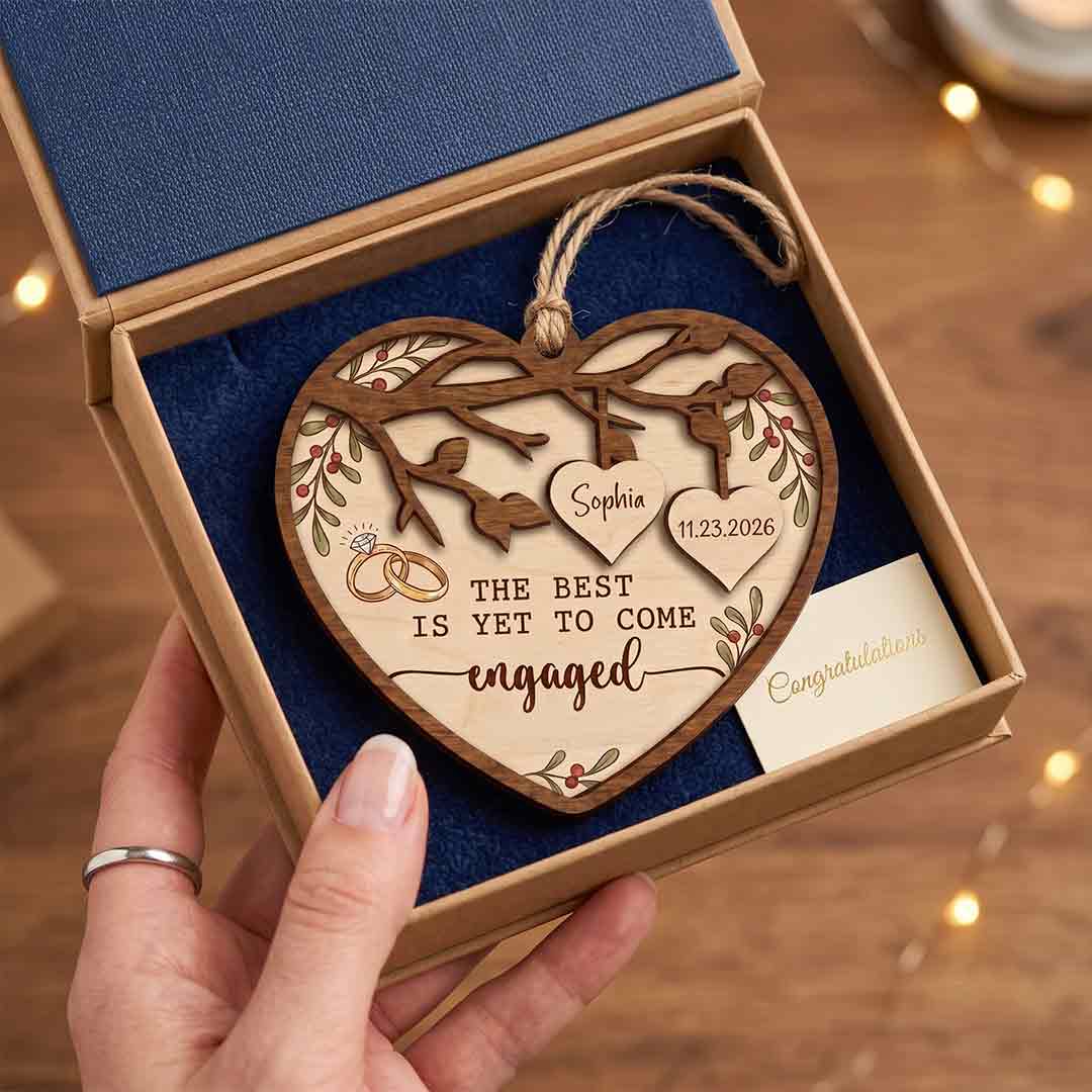 Engagement Heart Rings Personalized Custom Name Date First Engagement 2-Layer Wooden Christmas Ornament Romantic Engagement Gift for Newly Engaged Couple