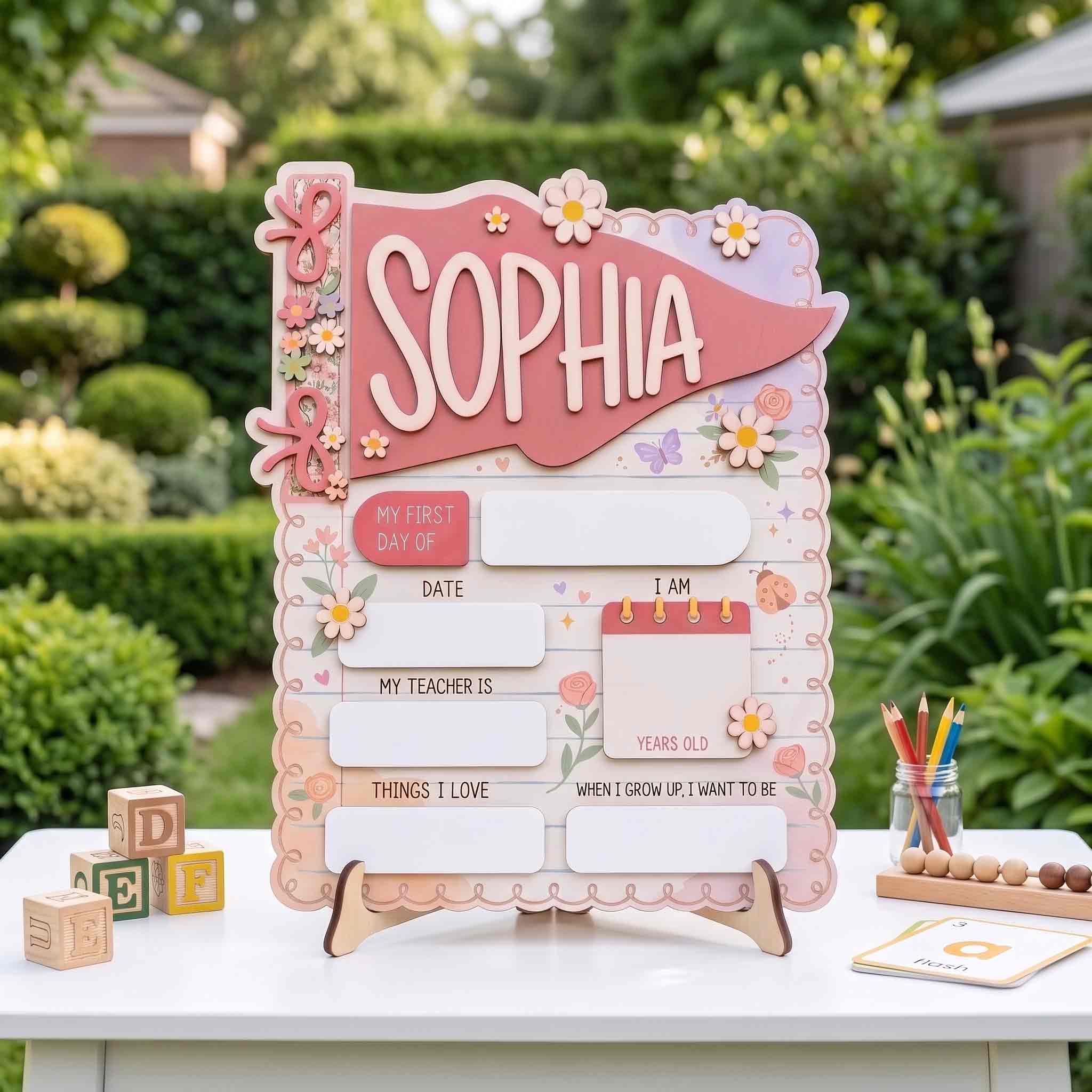 Personalized Floral Stationery Style First & Last Day School Sign, Reusable Dry Erase Board, Back to School Sign