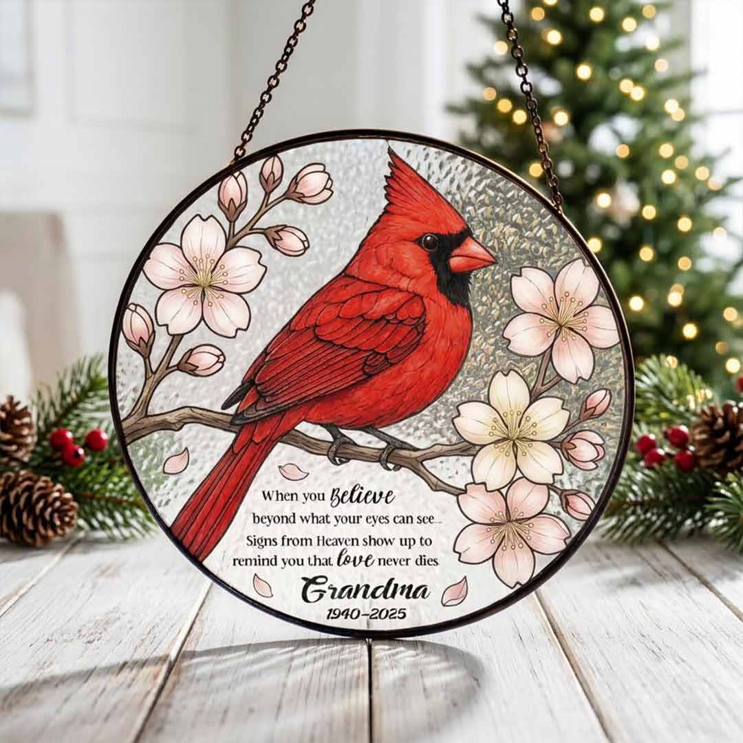 Grandma Memorial Cardinal Personalized Custom Name Date Loved One Memorial Keepsake Stained Glass Suncatcher Ornament for Loss of Grandma