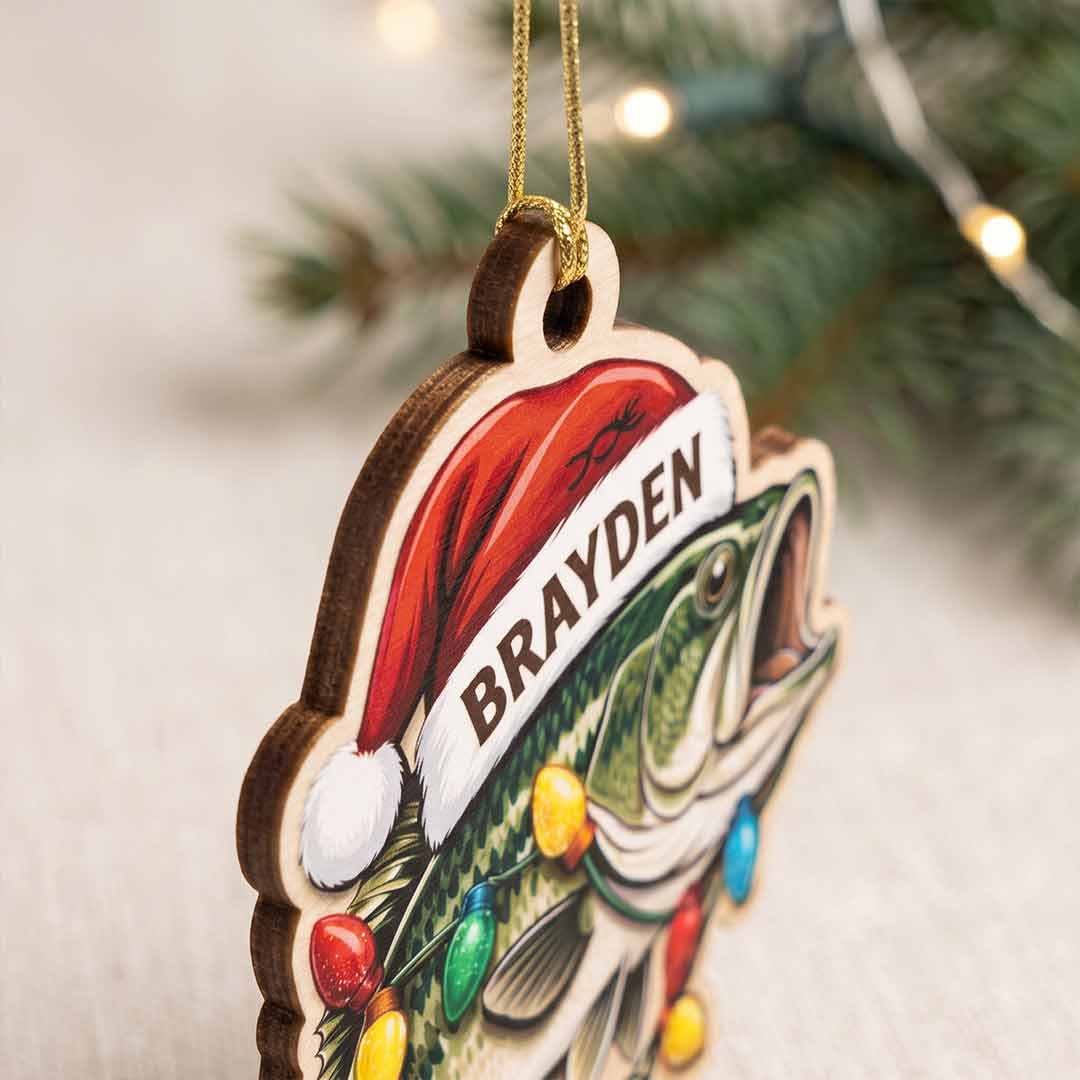 Christmas Fish Santa Hat Fisherman Holiday Keepsake Personalized Custom Name Fishing 1-Layer Wooden Christmas Ornament for Anglers Gift