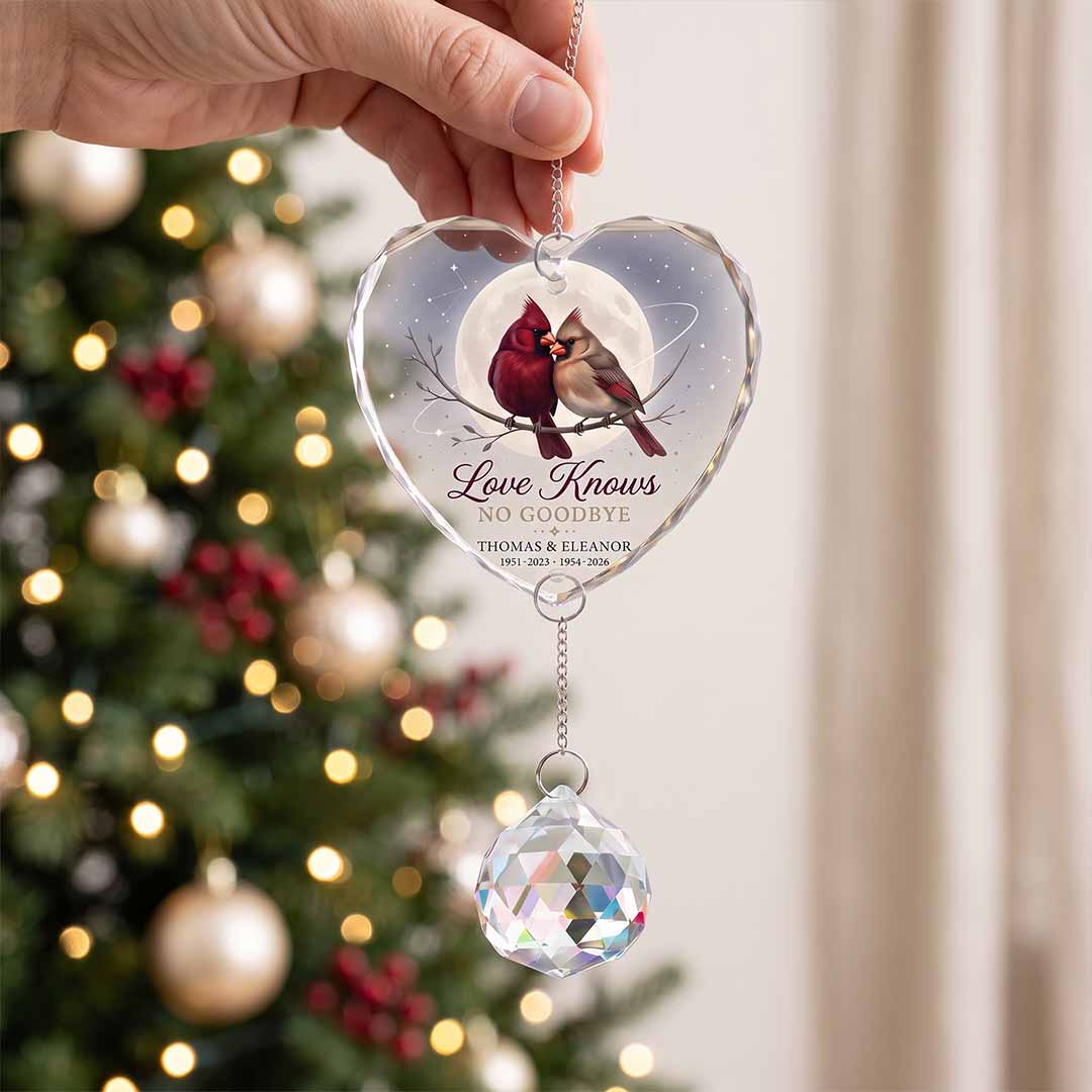 Love Knows No Goodbye Cardinal Personalized Couple Custom Name Date Memorial Keepsake Gift Heart Glass Christmas Ornament With Crystal Charm