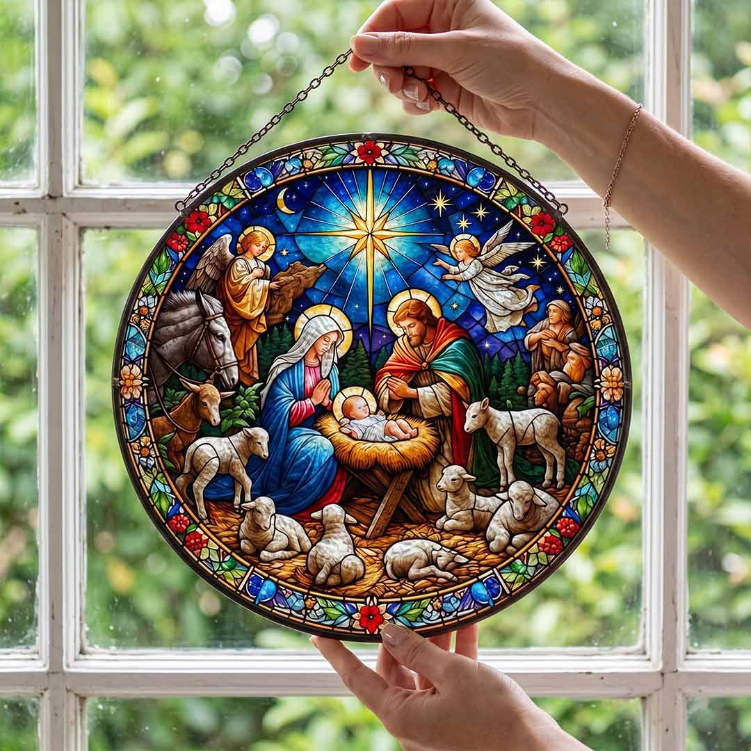 Nativity Scene Holy Family Birth of Jesus Nativity Stained Glass Suncatcher Christmas Ornament