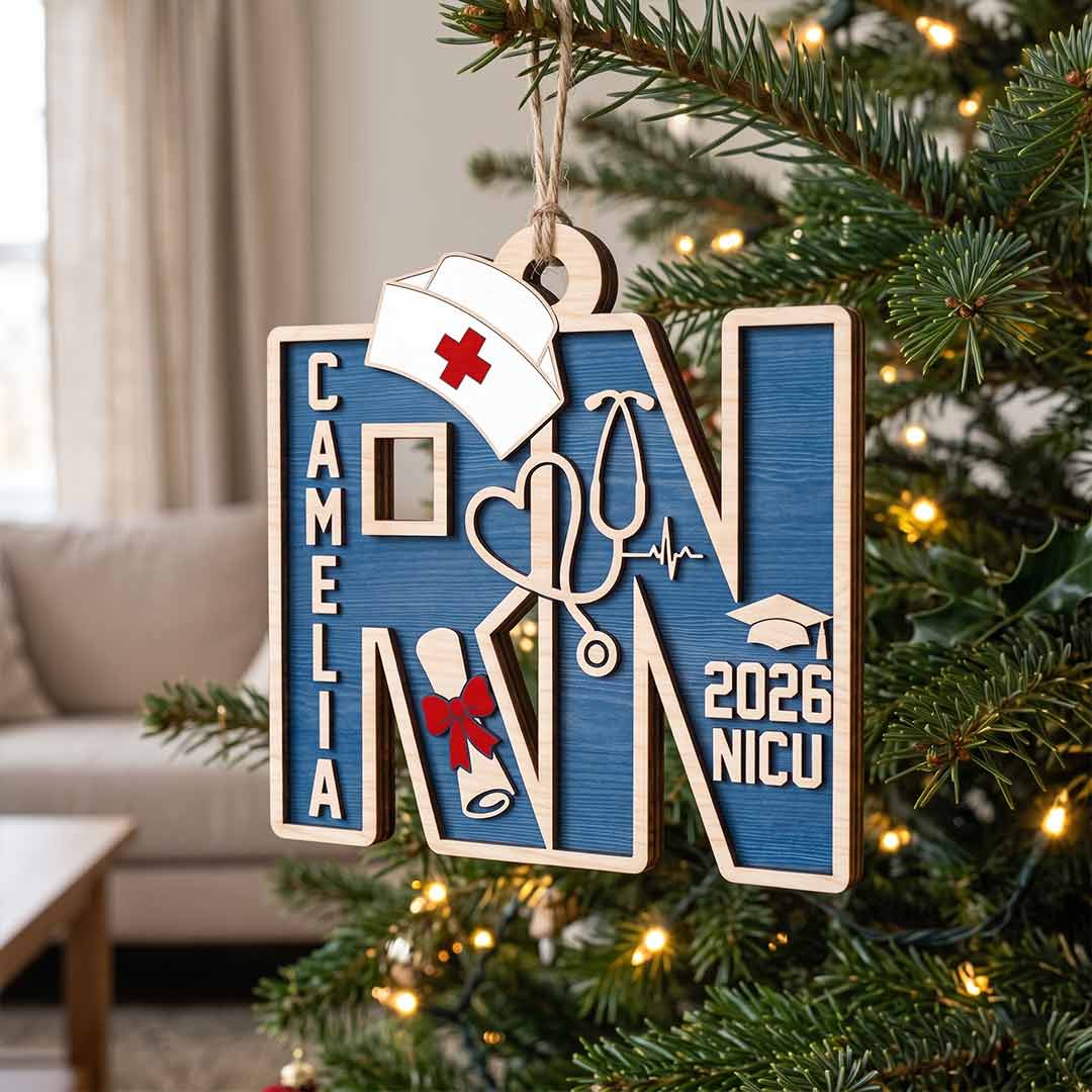 NICU Registered Nurse Custom Name Date Nurse 2-Layer Wooden Ornament