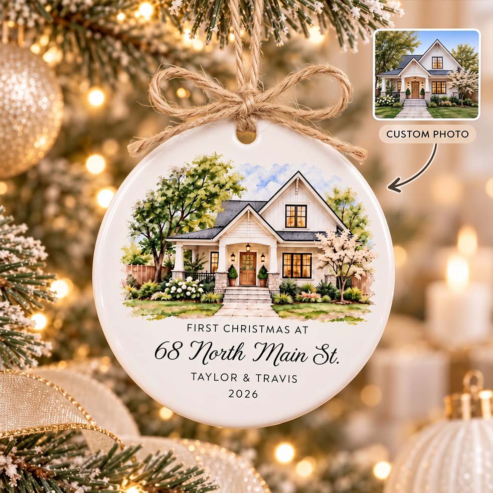 First Christmas in New Home Custom Name Address Photo New Home Round Ceramic Christmas Ornament New Home Keepsake Gift