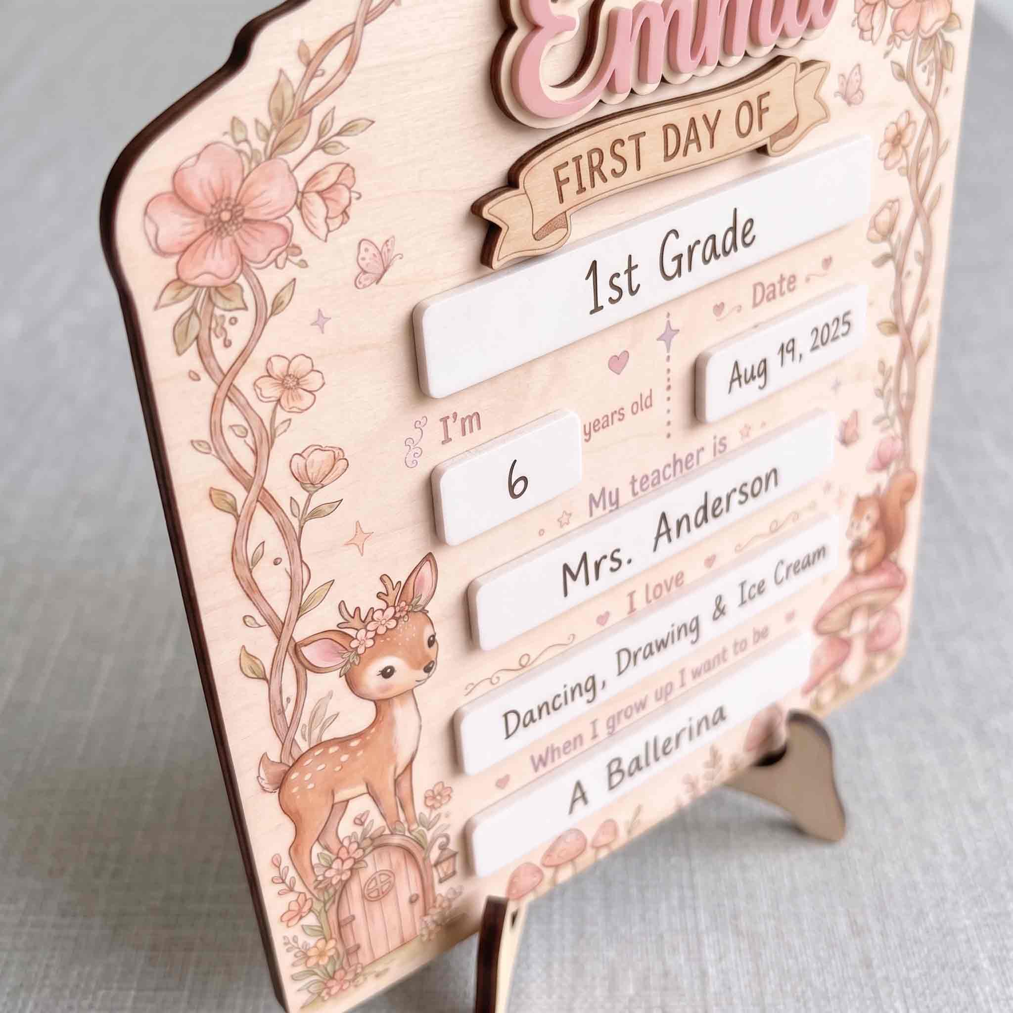 Personalized Coquette Woodland First Day School Board, Reusable Dry Erase Board, Back to School Sign