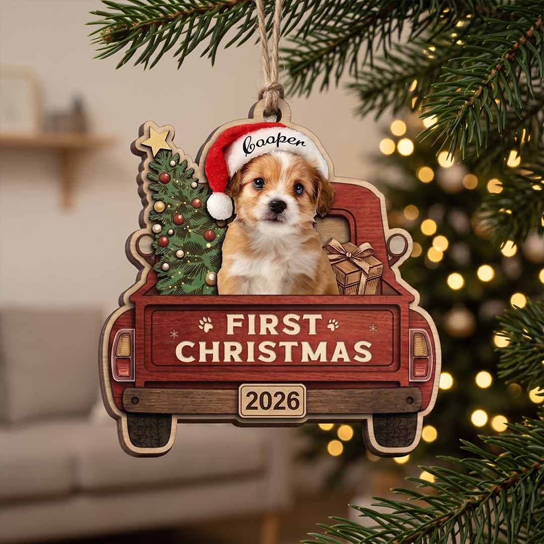 Pet First Christmas Santa Truck Personalized Custom Name Date Photo Dog 2-Layer Wooden Christmas Ornament First Christmas Gift for Dog Lover