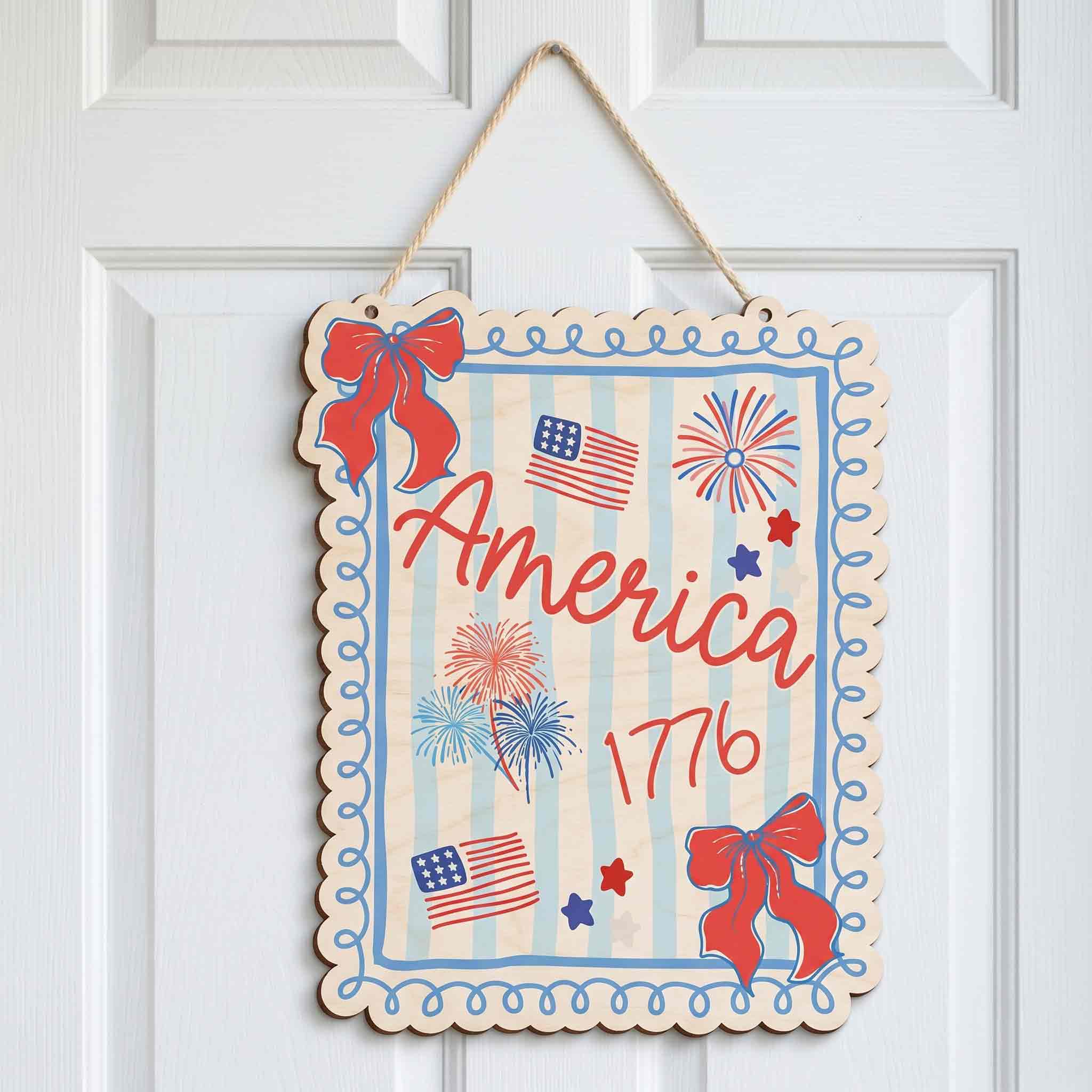 America 1776 Coquette Bow Patriotic America 250th Anniversary Wooden Sign