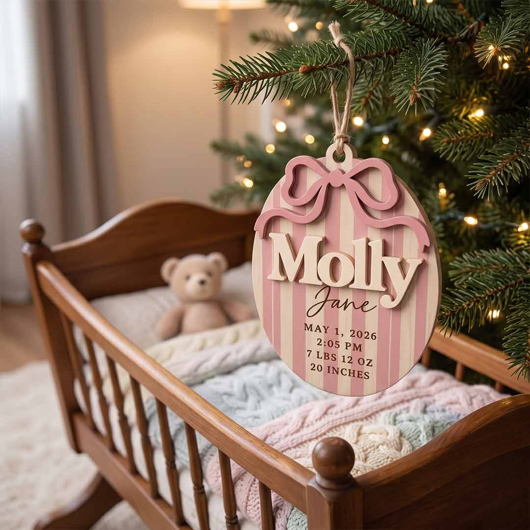 Pink Bow Birth Announcement Personalized Custom Name Date Time Weight Length Newborn 2-Layer Wooden Christmas Ornament Newborn Gift for New Parents