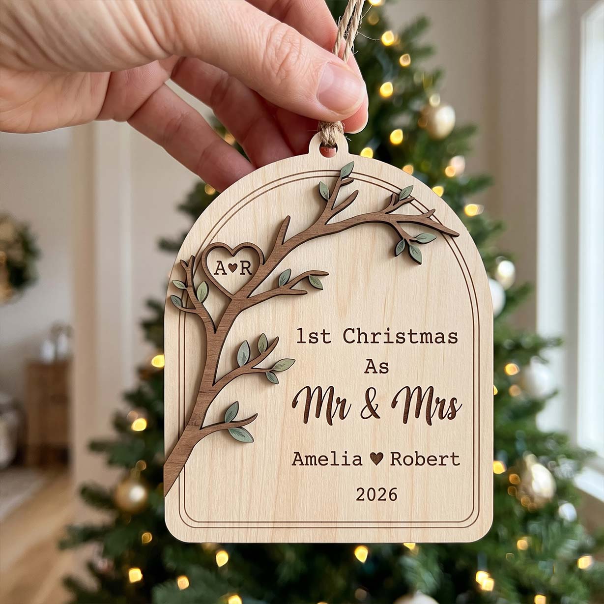 First Christmas Mr and Mrs Tree Branch Custom Names Date First Married Christmas Wooden Ornament