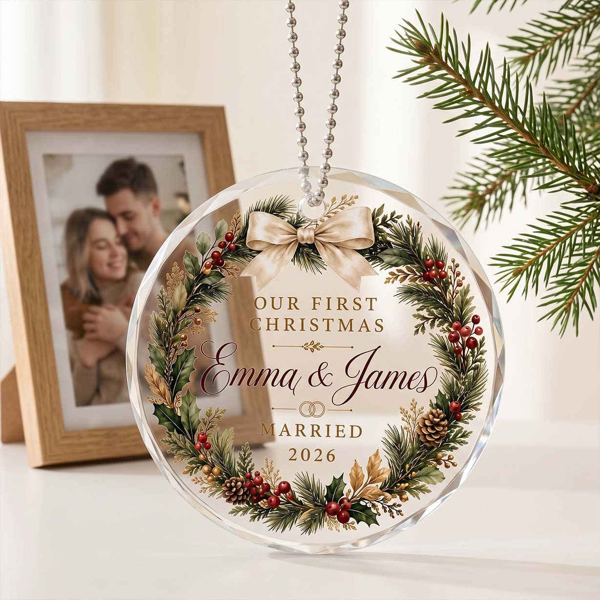 Our First Christmas Evergreen Wreath Custom Names Date First Married Christmas Round Glass Christmas Ornament