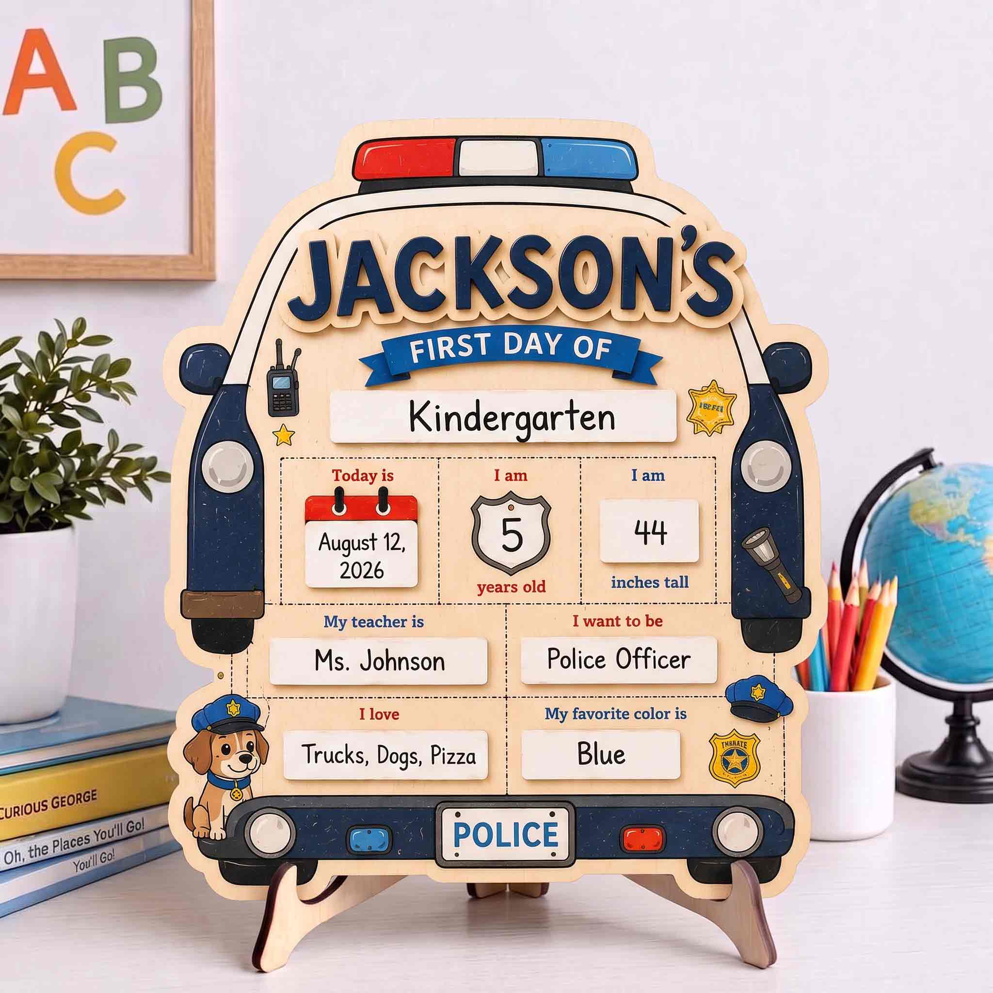 Personalized Police Car Theme First & Last Day School Sign, Reusable Dry Erase Board, Back to School Sign