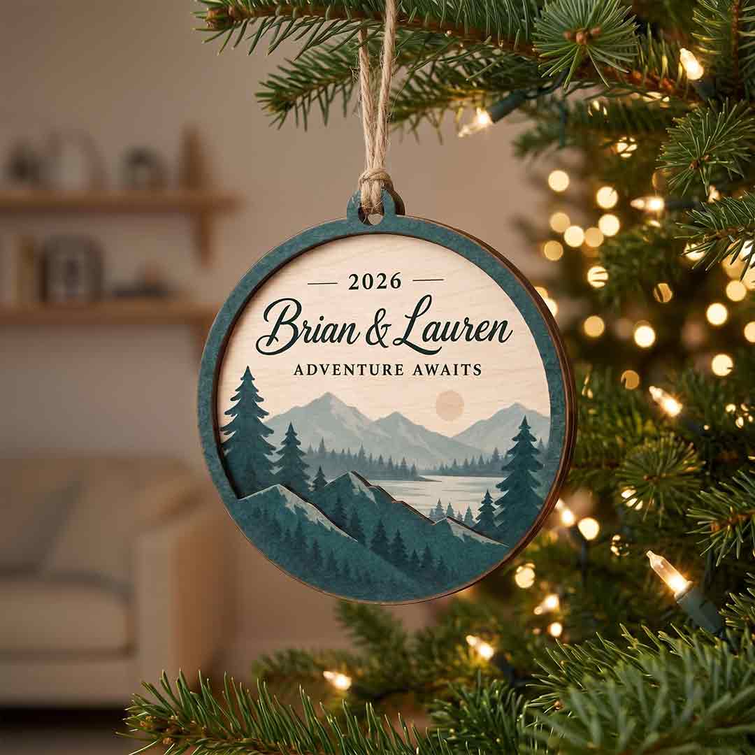 Adventure Awaits Mountain Lake Personalized Custom Name Date Couple 2-Layer Wooden Christmas Ornament for Couples Gift